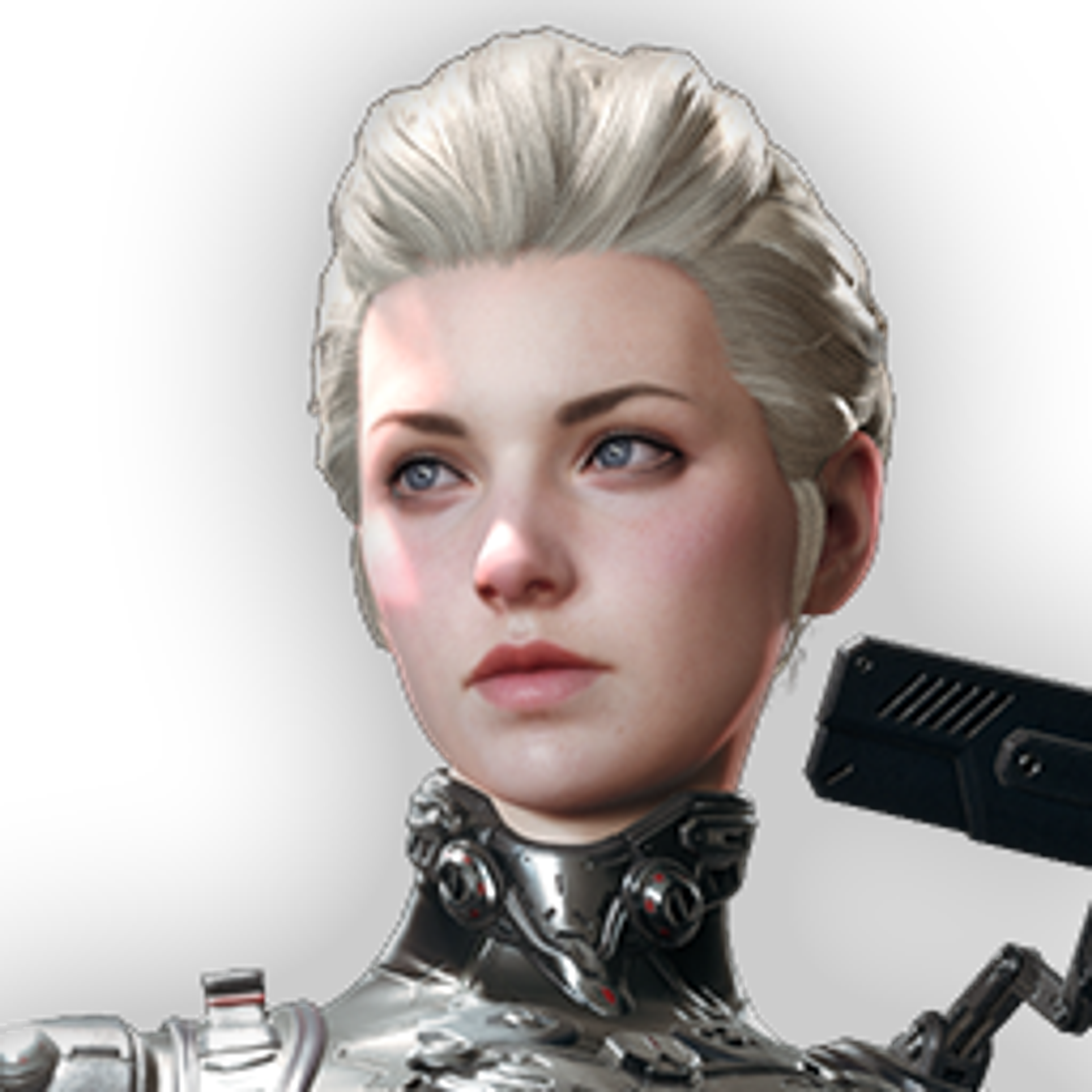 A young woman in a military-style uniform holding a pair of futuristic firearms