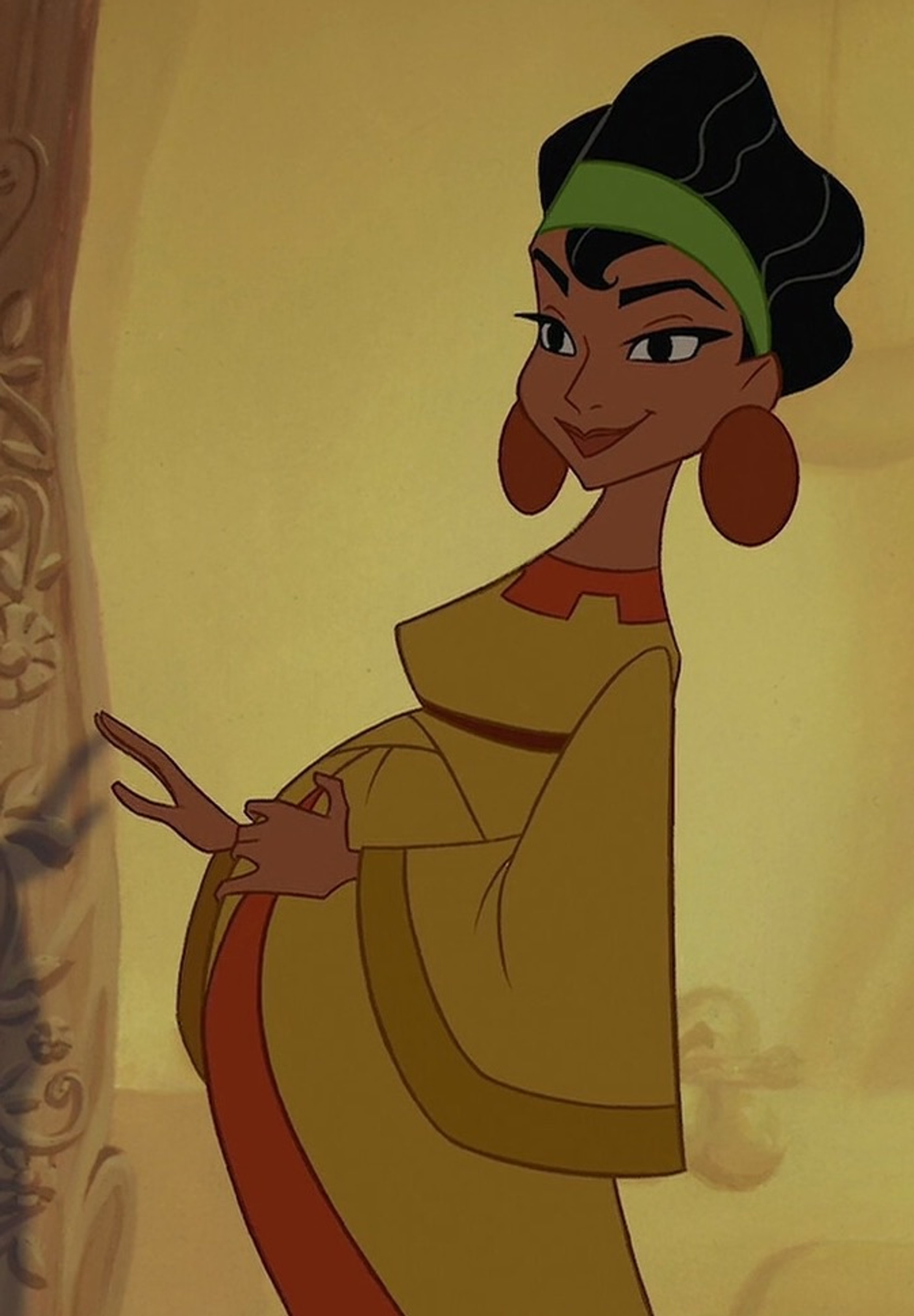 An animated female character with dark skin, large earrings, and a yellow dress, with a warm, nurturing expression.