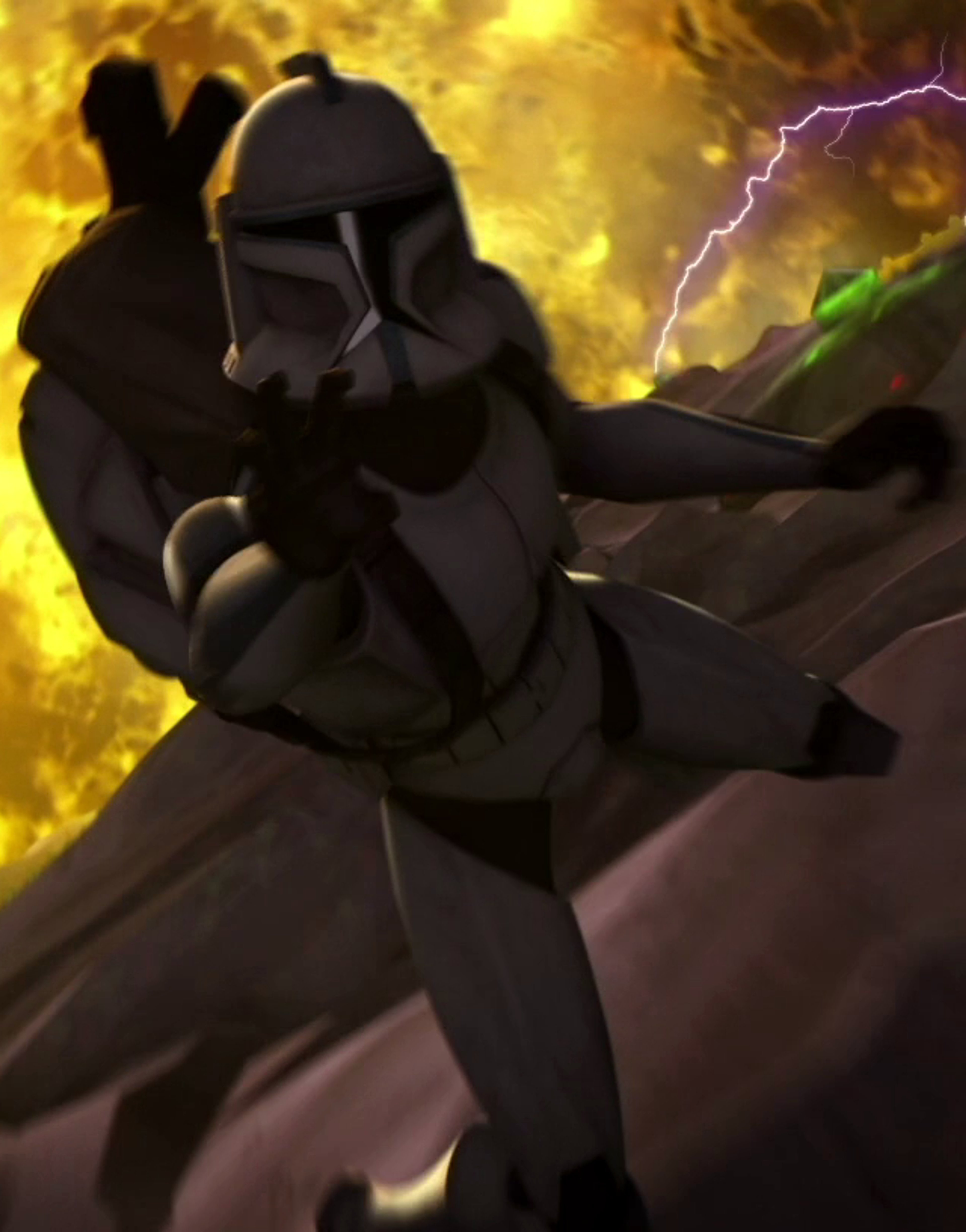 A clone trooper character from the Star Wars universe in a dramatic pose against a fiery background.