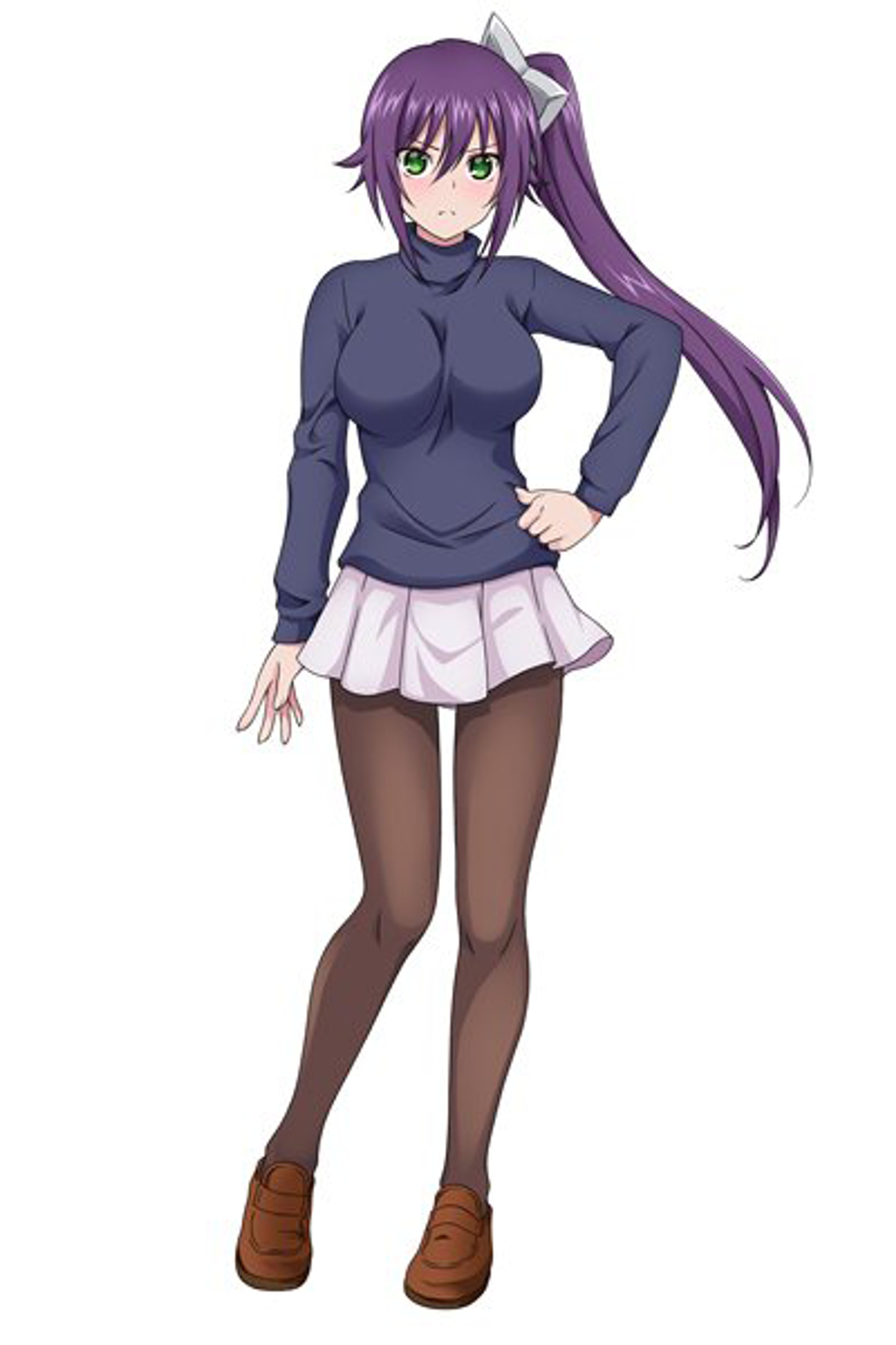 An anime-style character with purple hair in a side ponytail, wearing a dark purple top and white skirt, in a fighting stance.