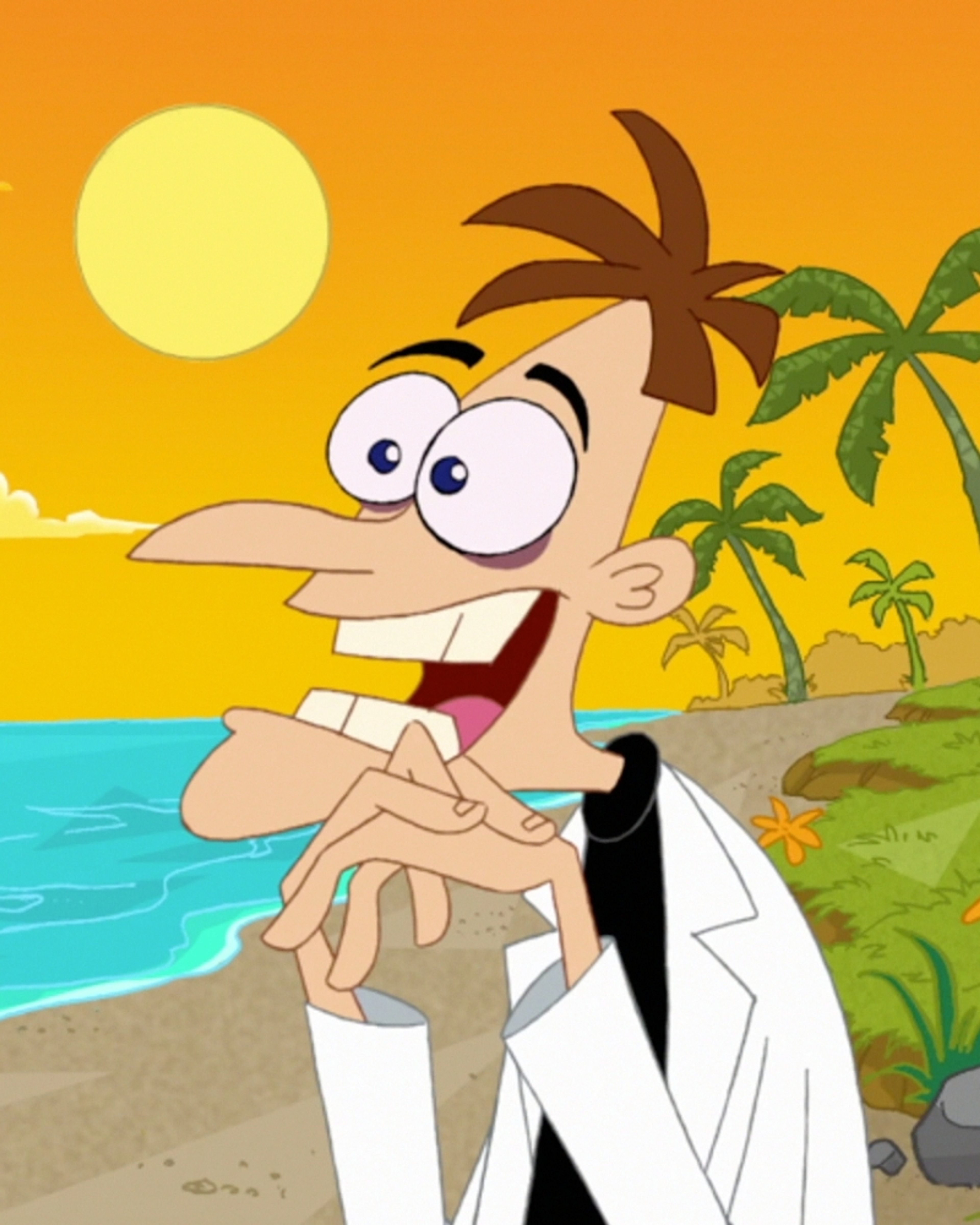 An animated character named Heinz Doofenshmirtz, an eccentric evil scientist, standing on a tropical beach