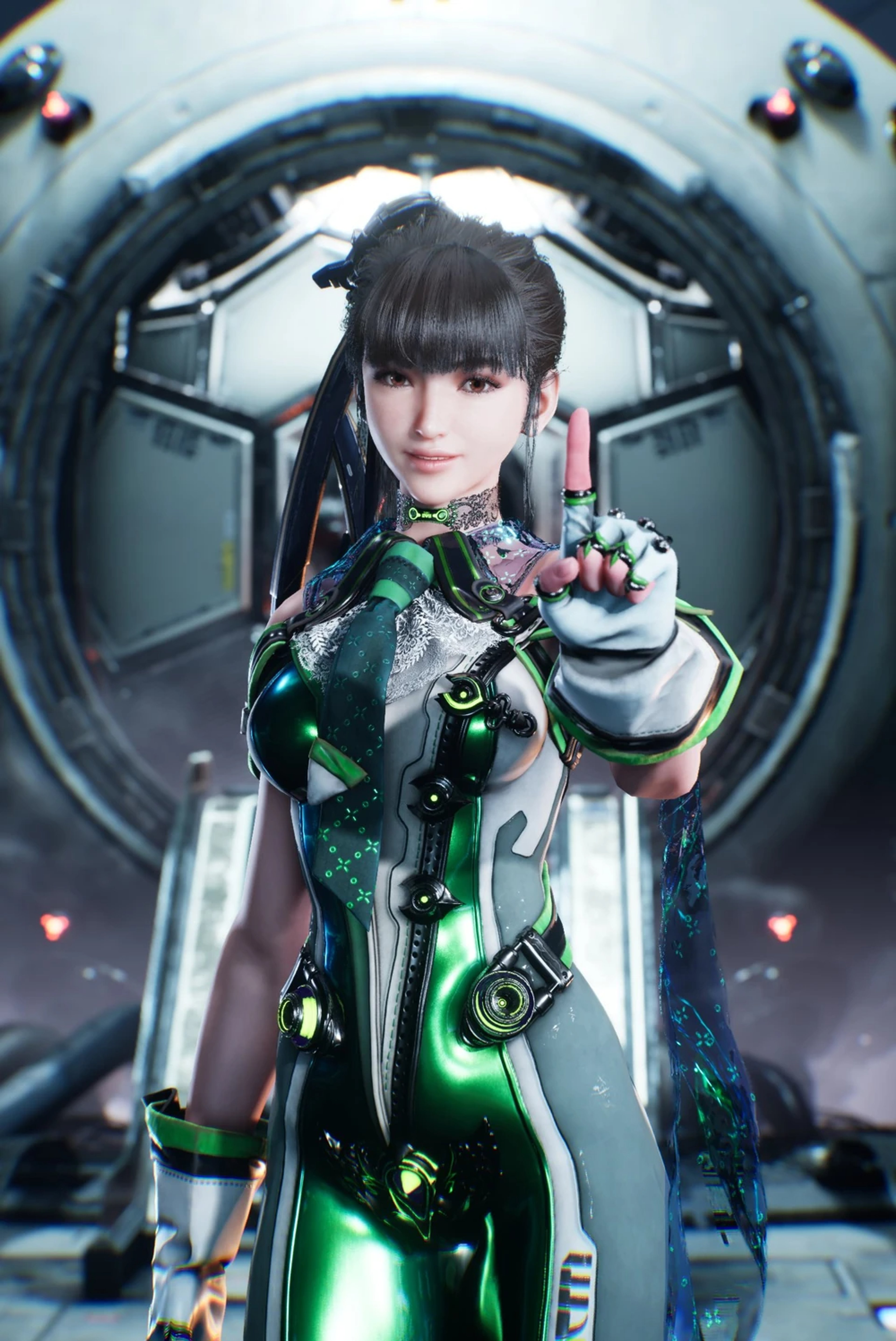 A young woman in a cybernetic suit holding up her hand with energy emanating from it, in a futuristic technological environment.
