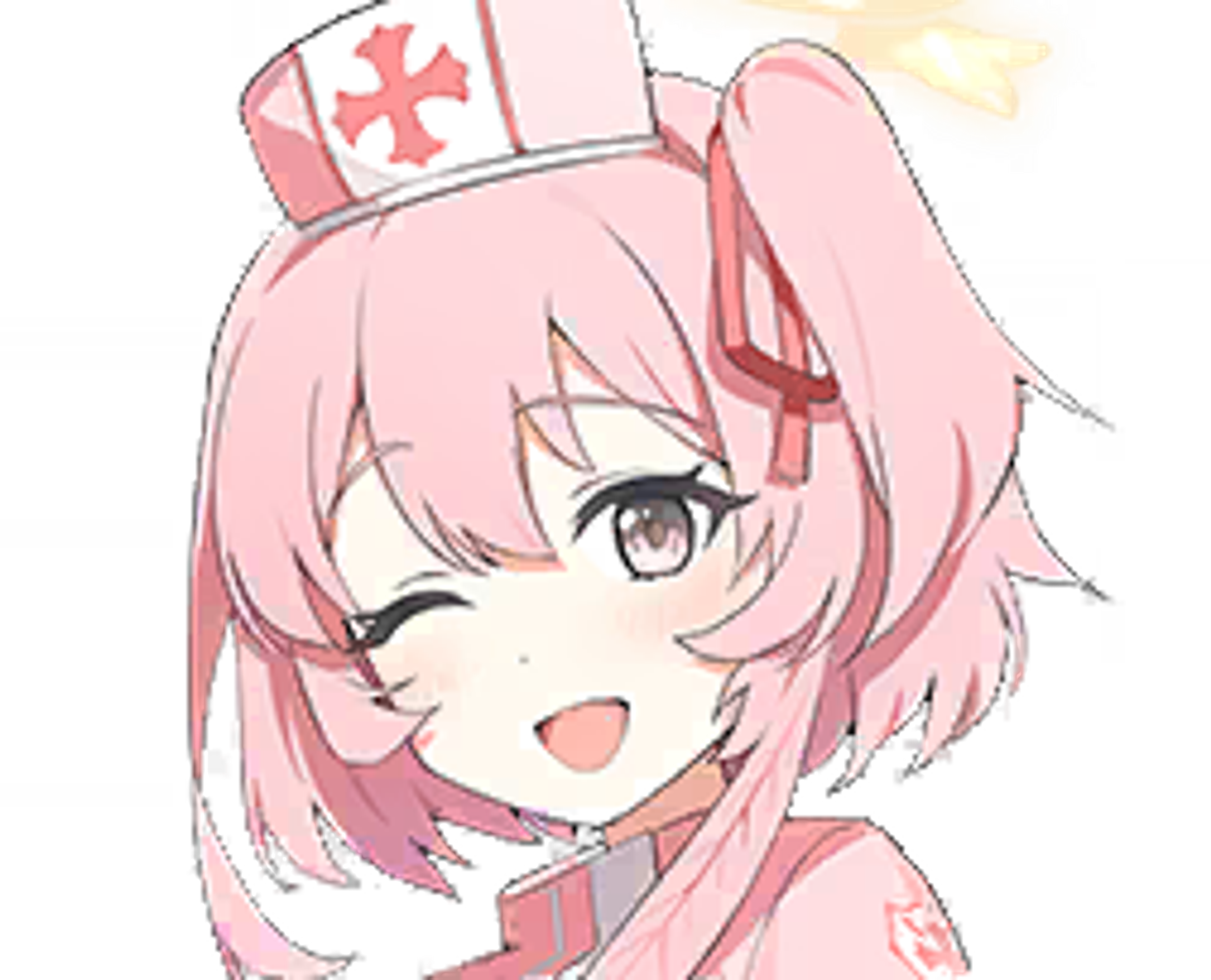 An anime-style character with pink hair wearing a nurse's uniform