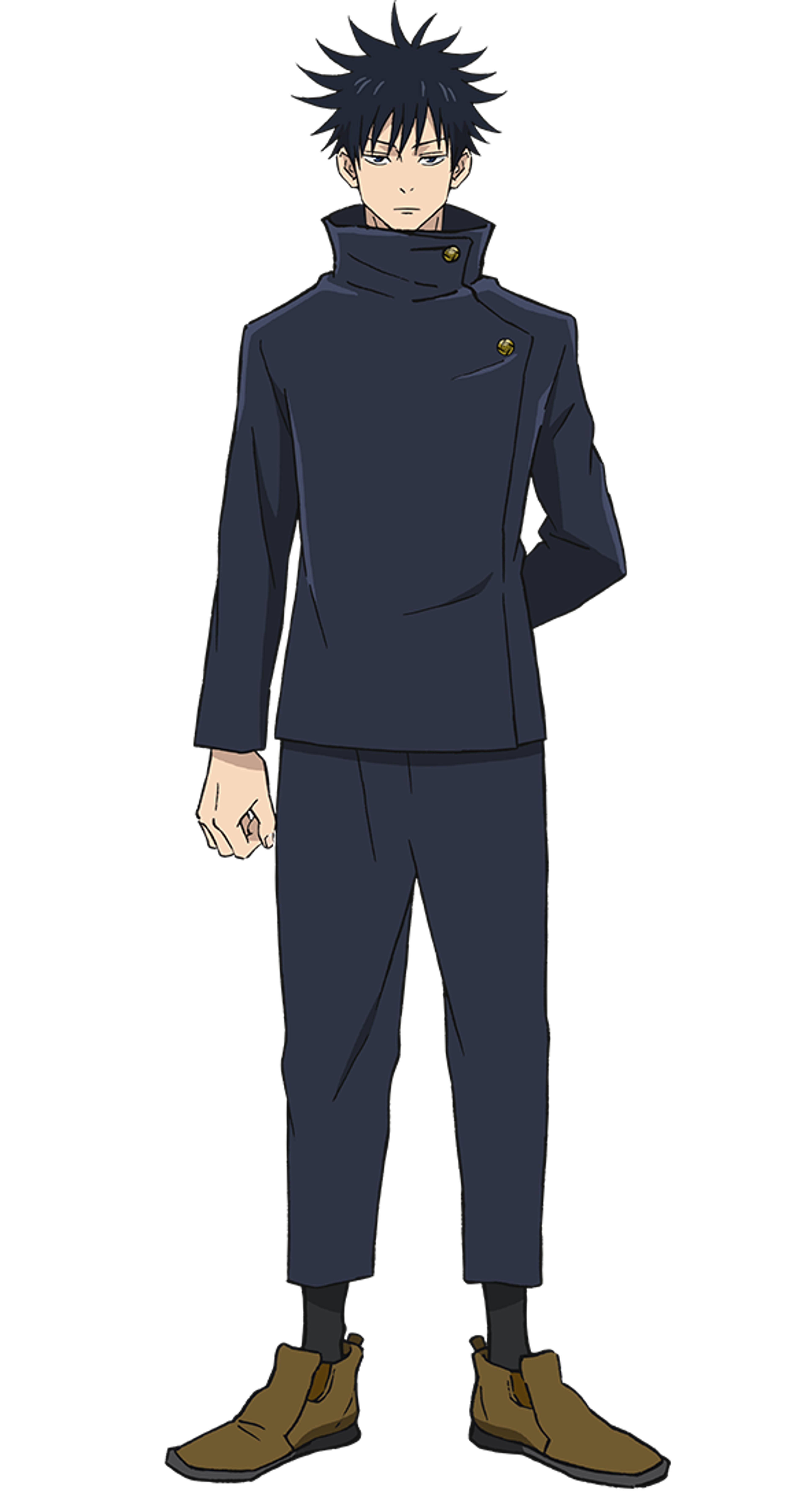 A young man with dark hair wearing a dark outfit with a high collar