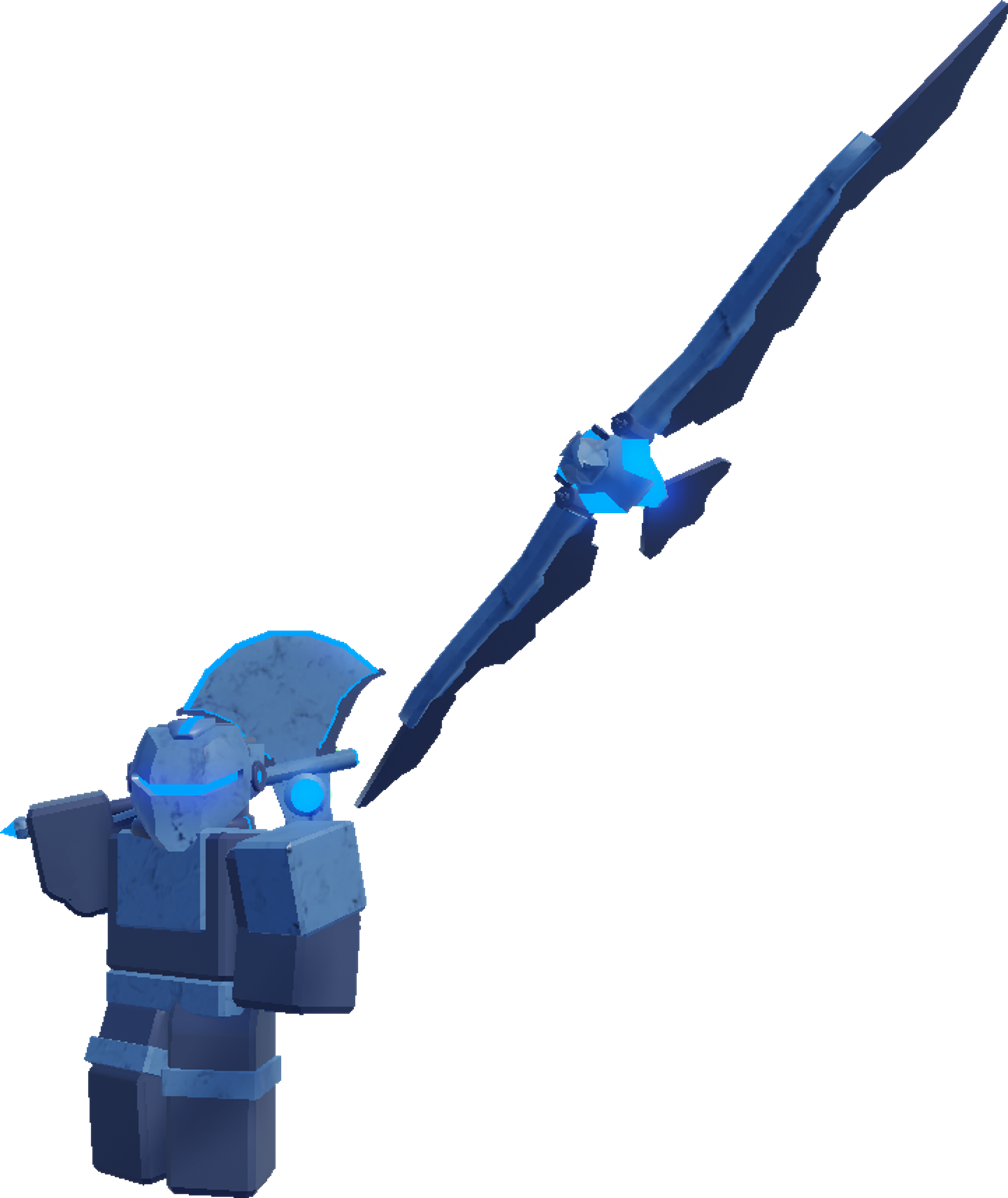 A detailed, futuristic robot character holding a glowing blue energy weapon