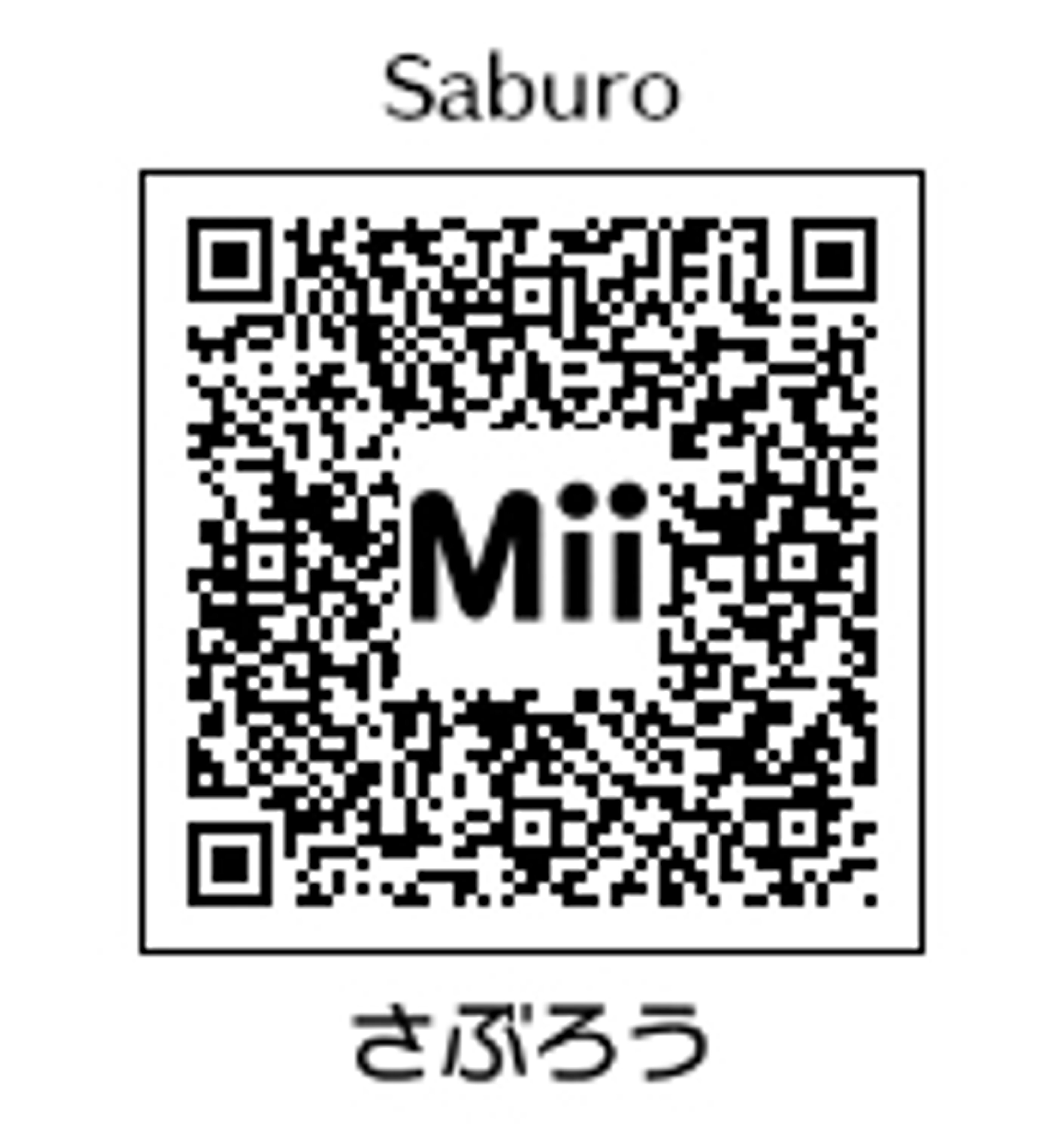 A QR code that can be scanned to access a Mii character named Saburo from the Wii Sports video game series.