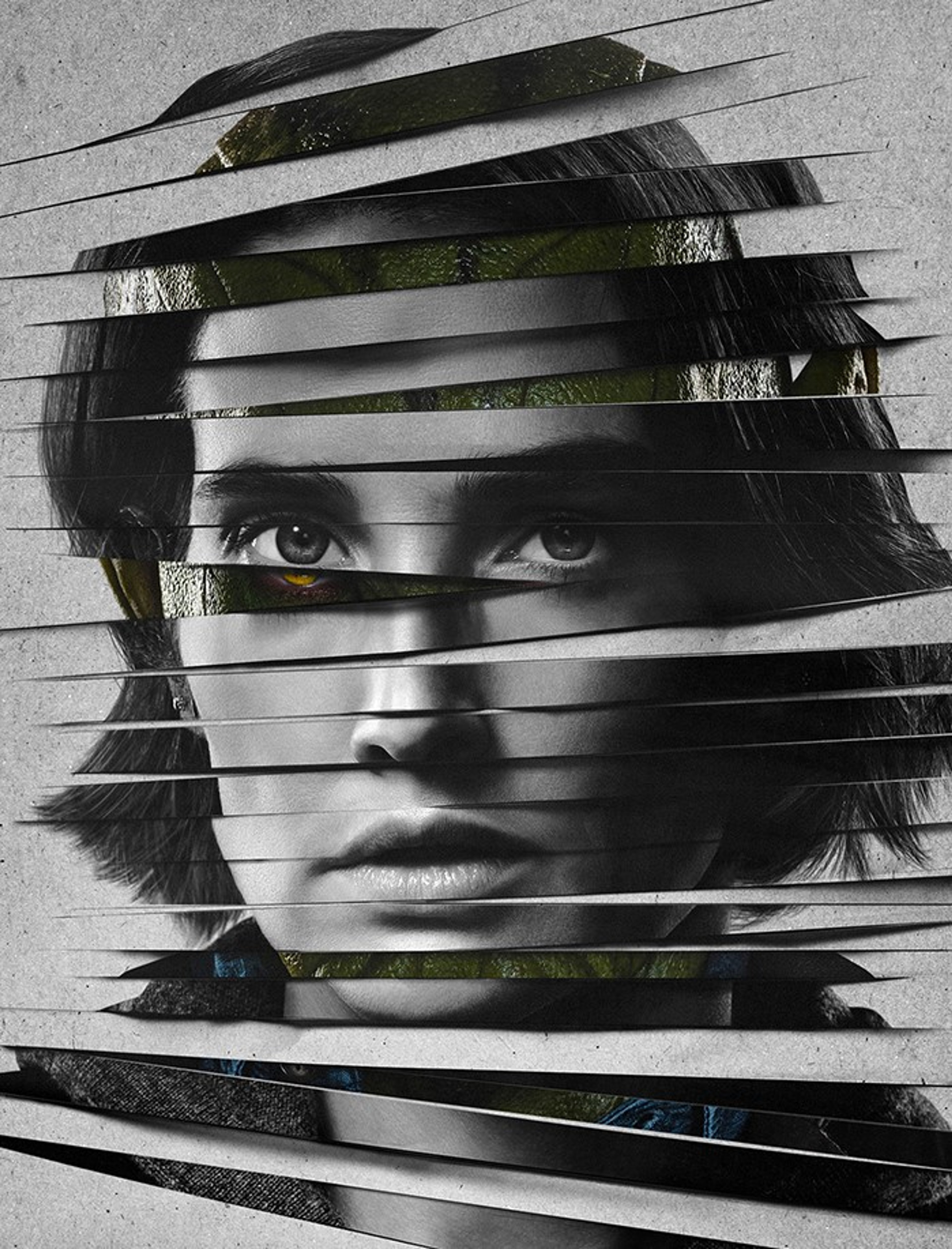 A close-up portrait of a woman with dark hair and intense eyes, partially obscured by horizontal lines or slats.