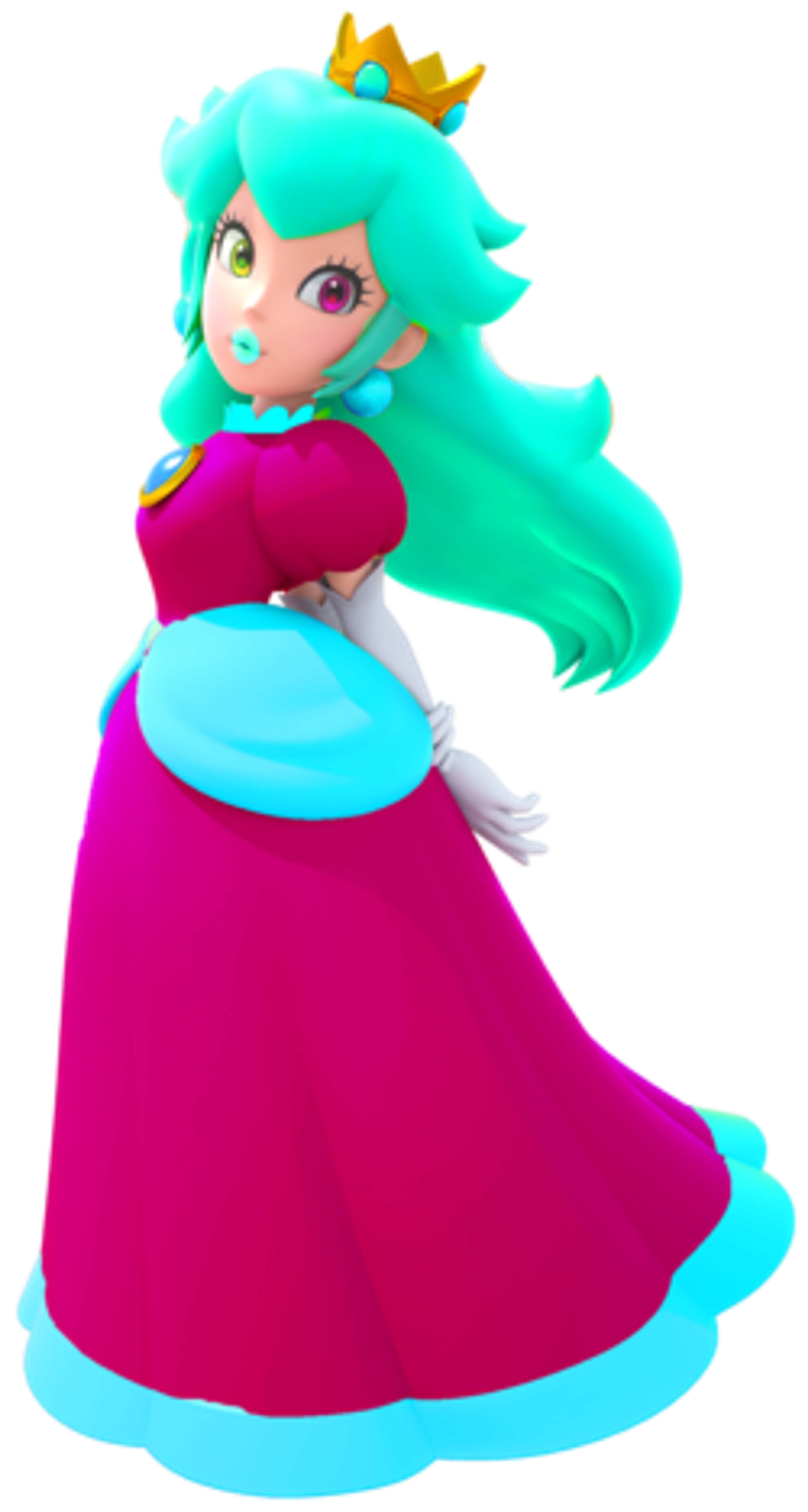 An anime-style female character with teal hair, a pink crown, and a red dress