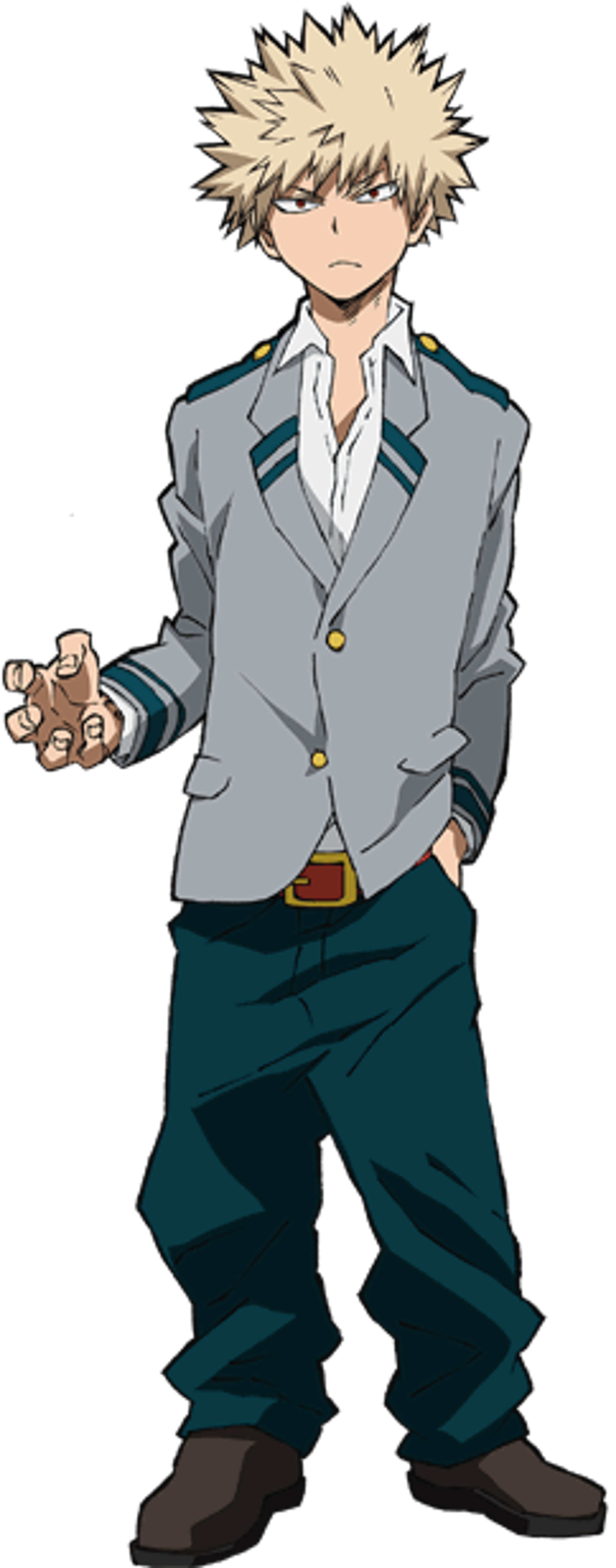 An anime-style character with blond spiky hair wearing a gray suit jacket and dark pants