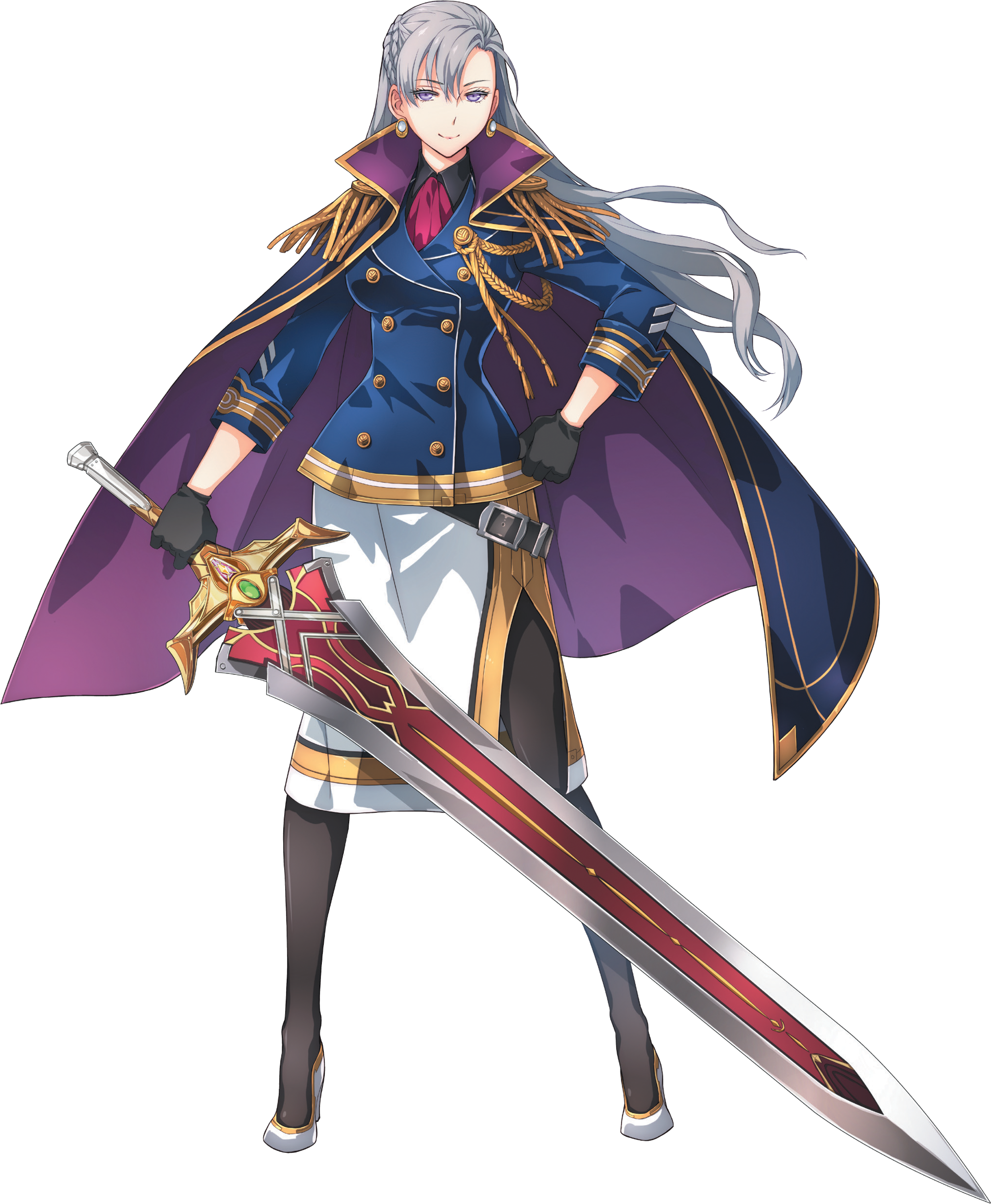 A female military commander with silver hair and a sword