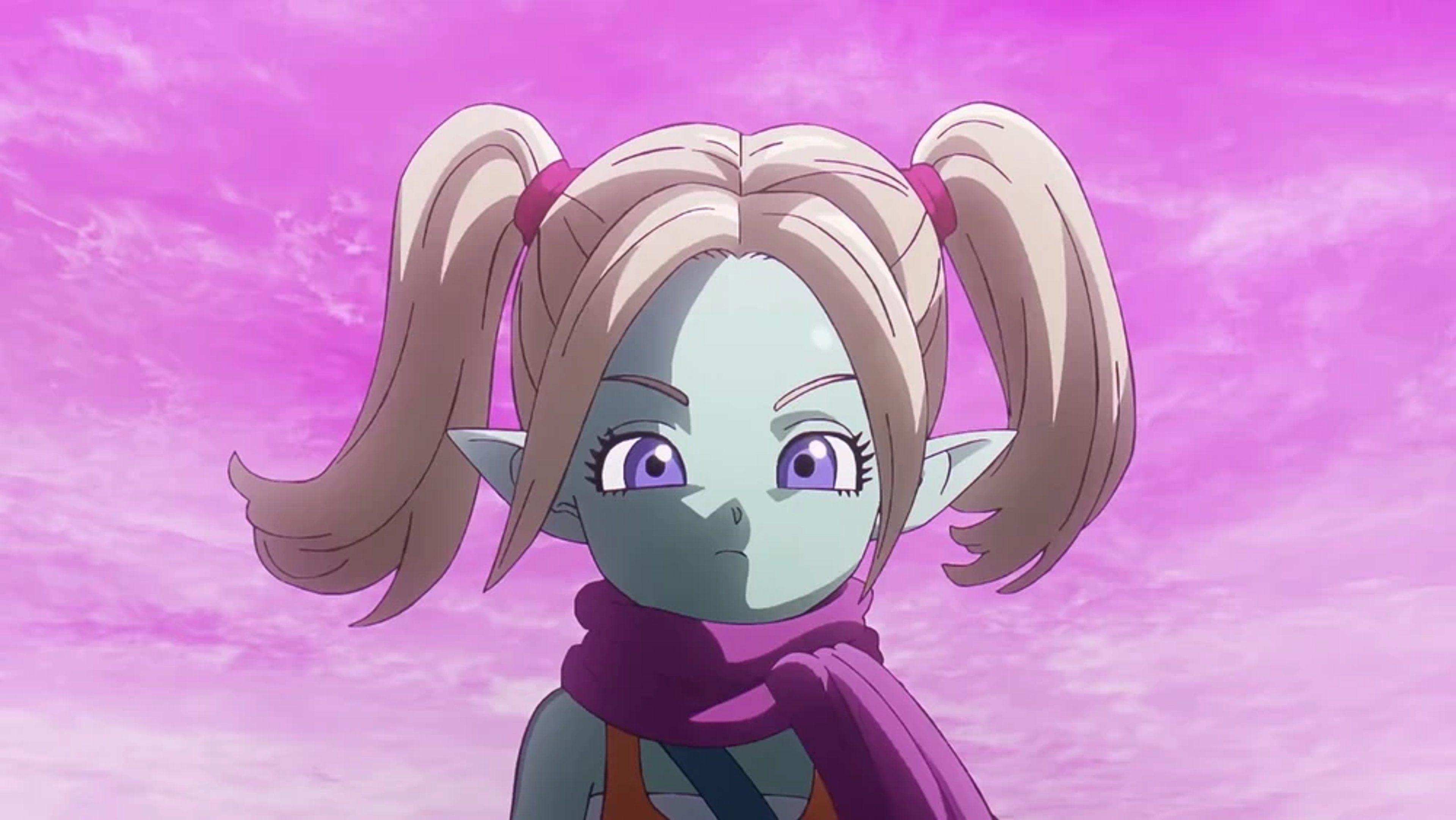 An anime-style character with teal skin, pointed ears, and white twin-tailed hair, wearing an orange jumpsuit and accessories.