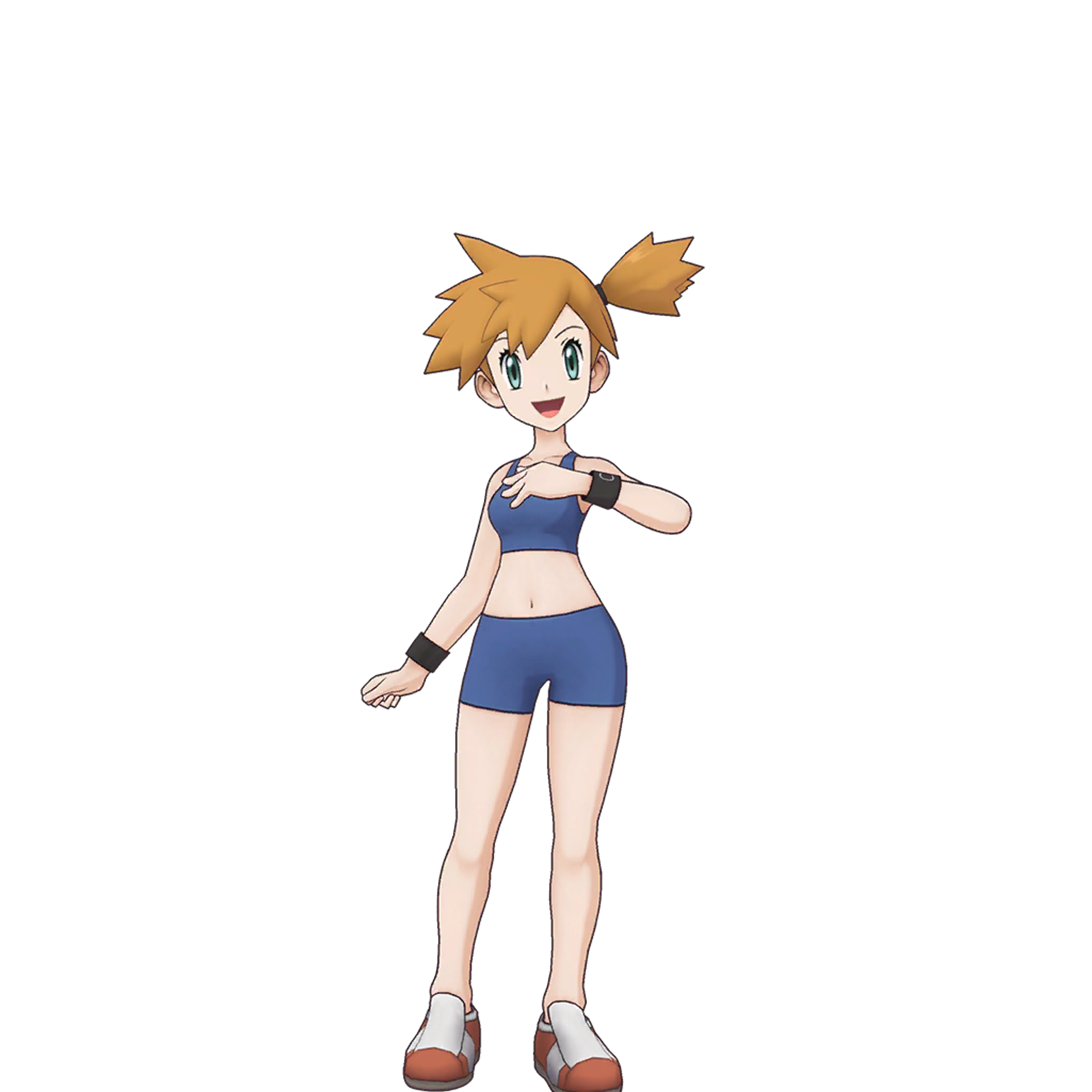 An anime-style character named Misty, a young woman with orange hair wearing a blue crop top and shorts.