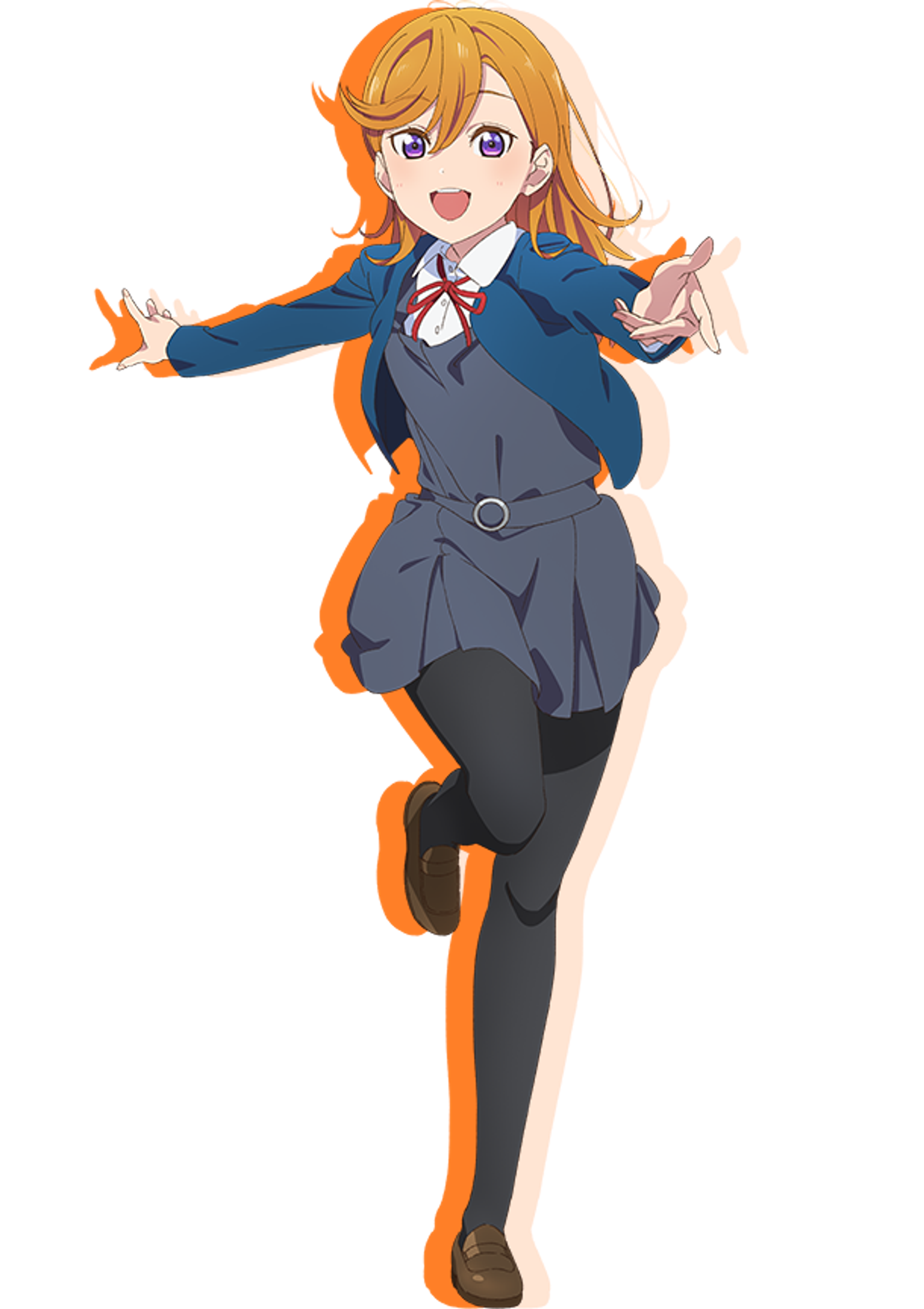 An anime-style character with orange twin-tailed hair wearing a blue school uniform and posing cheerfully.