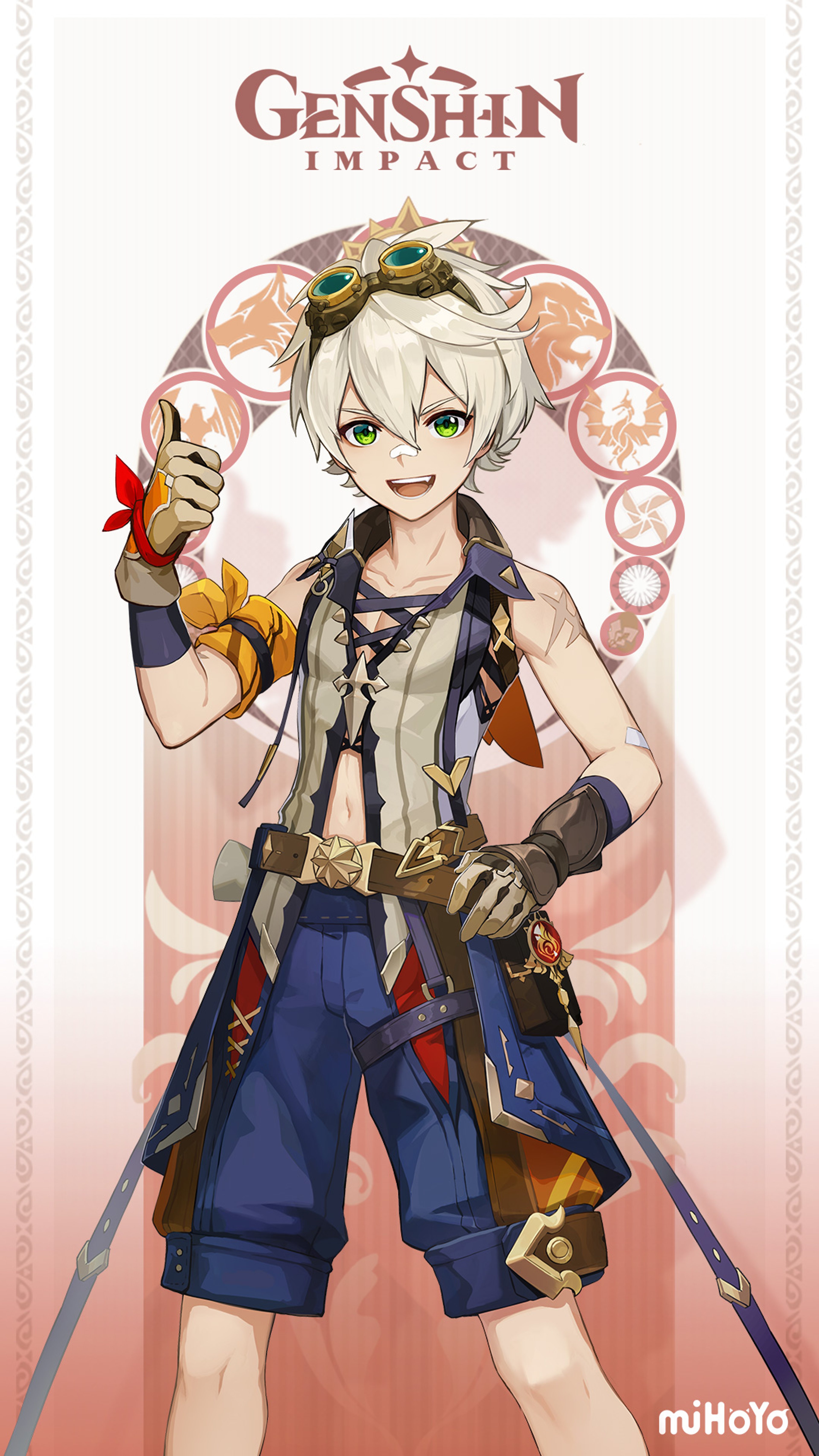 A young male character from Genshin Impact, with blonde hair and green eyes, wearing a blue and gold outfit and holding a weapon.