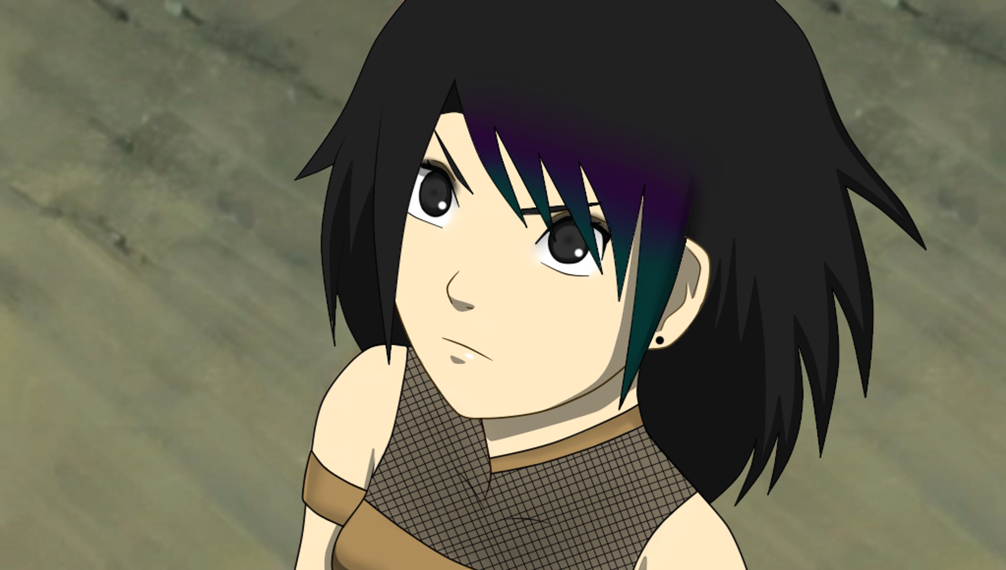An anime-style character with dark hair and a serious expression
