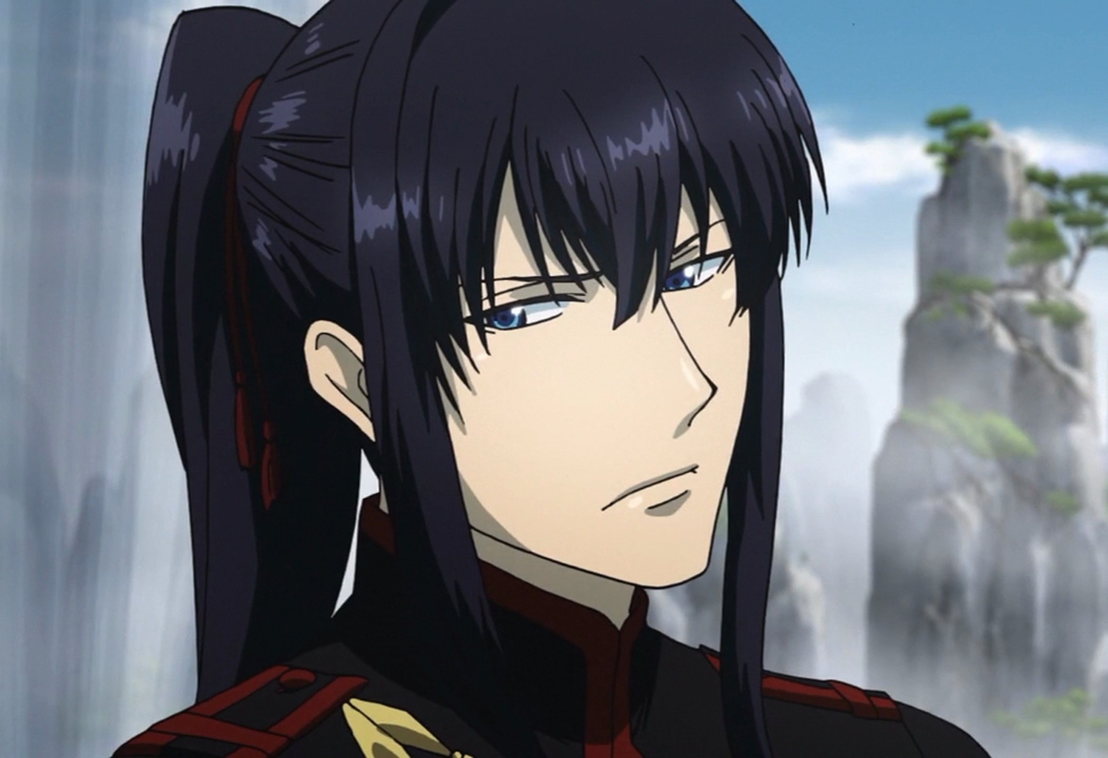 A serious-looking anime character with long dark hair