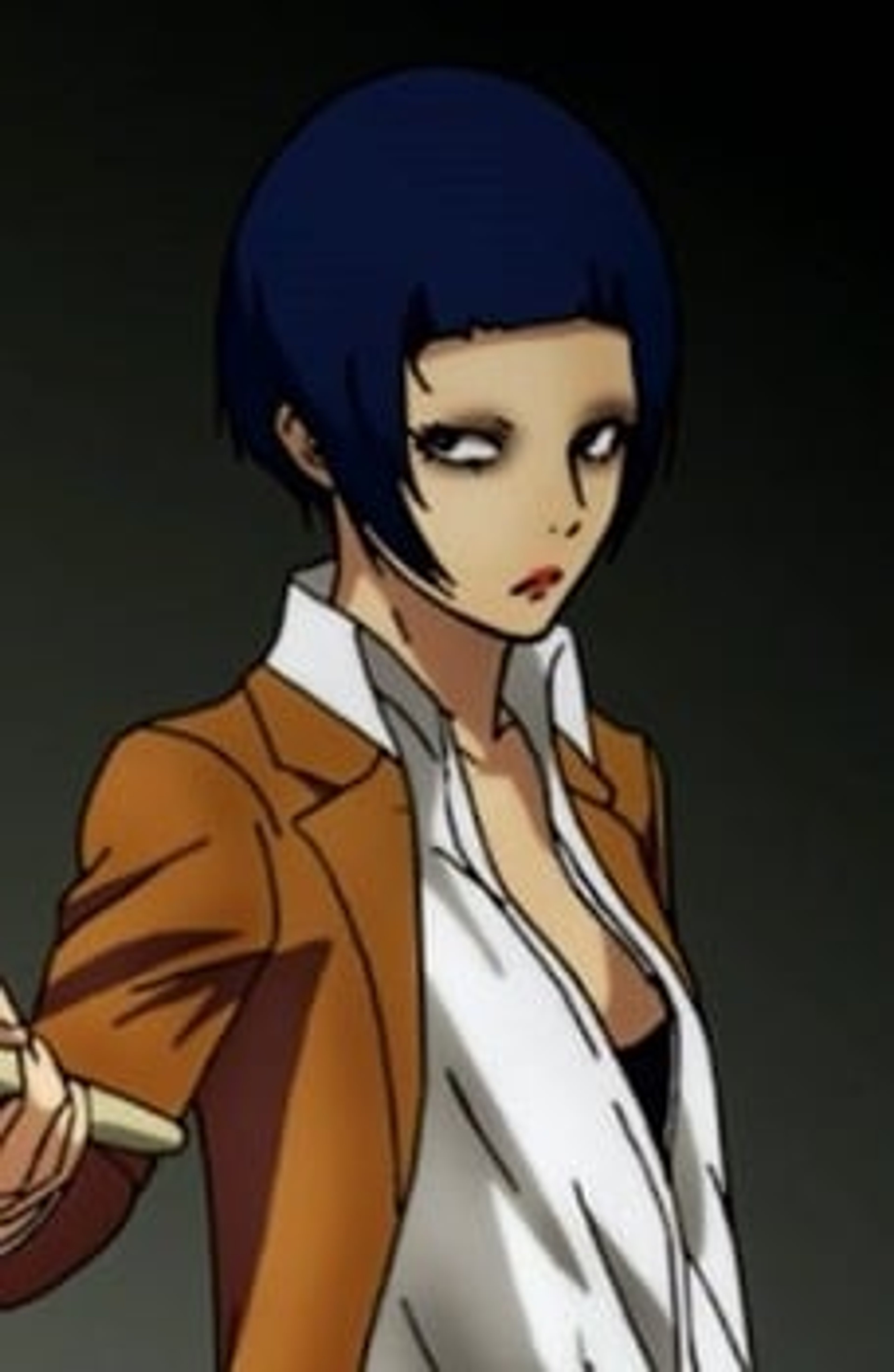 A young woman with short blue hair, shaved eyebrows, and dark eyeliner holding a bamboo kendo sword