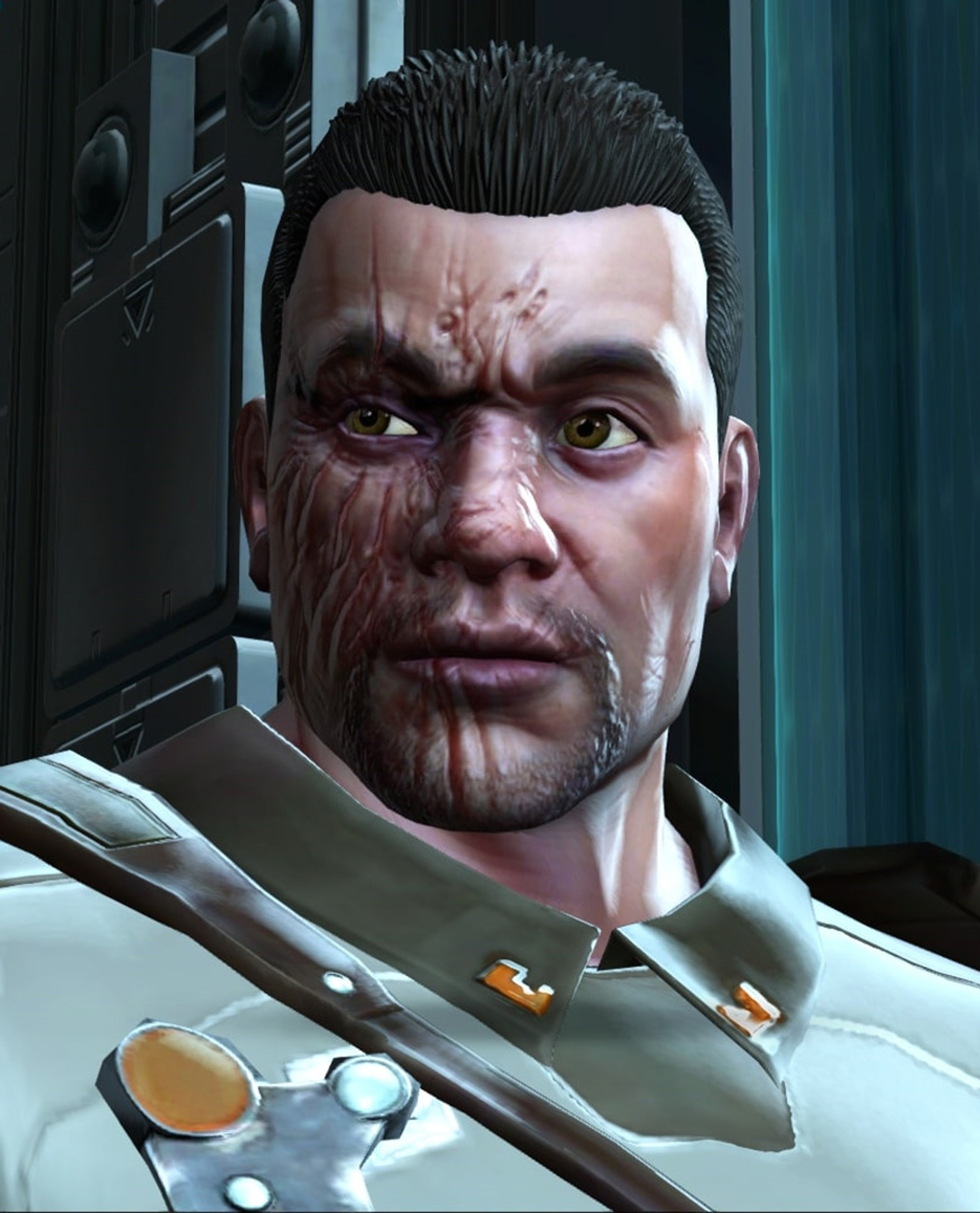 A military commander with a scarred face and intense expression, wearing armor.