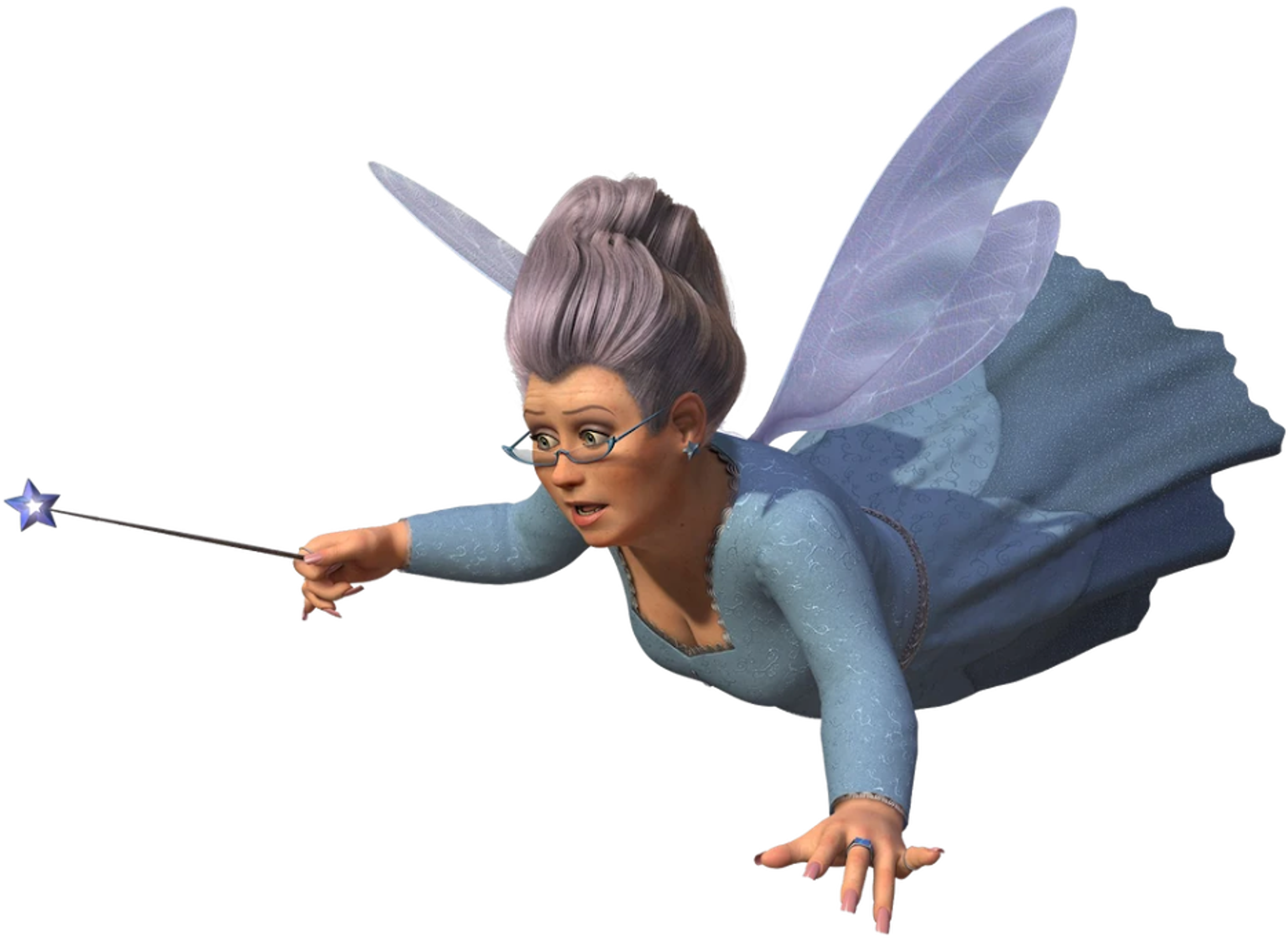 A fairy-like character with blue skin, large wings, and a magic wand