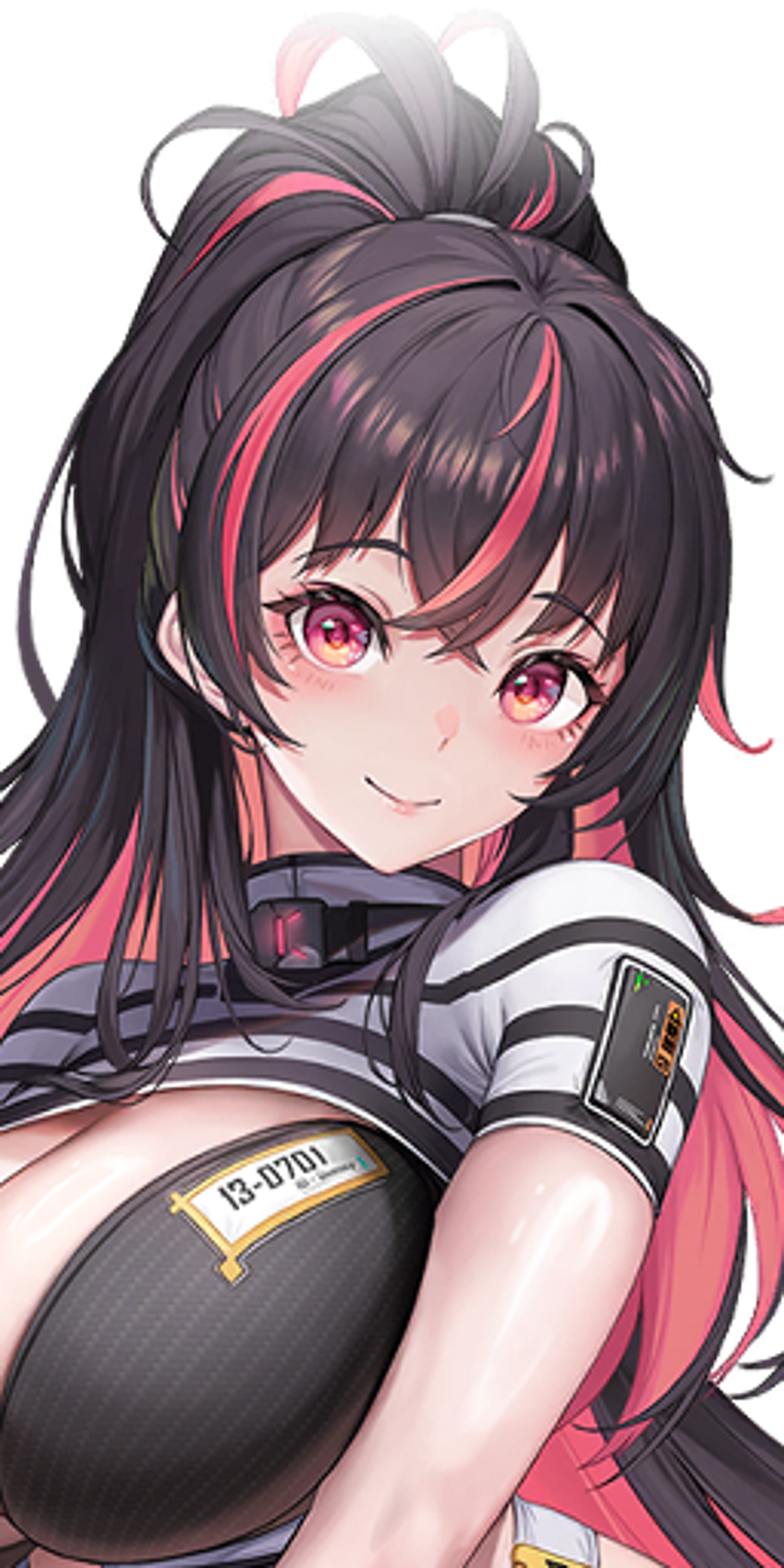 A young woman with dark hair and red highlights, wearing tactical gear and holding a submachine gun.