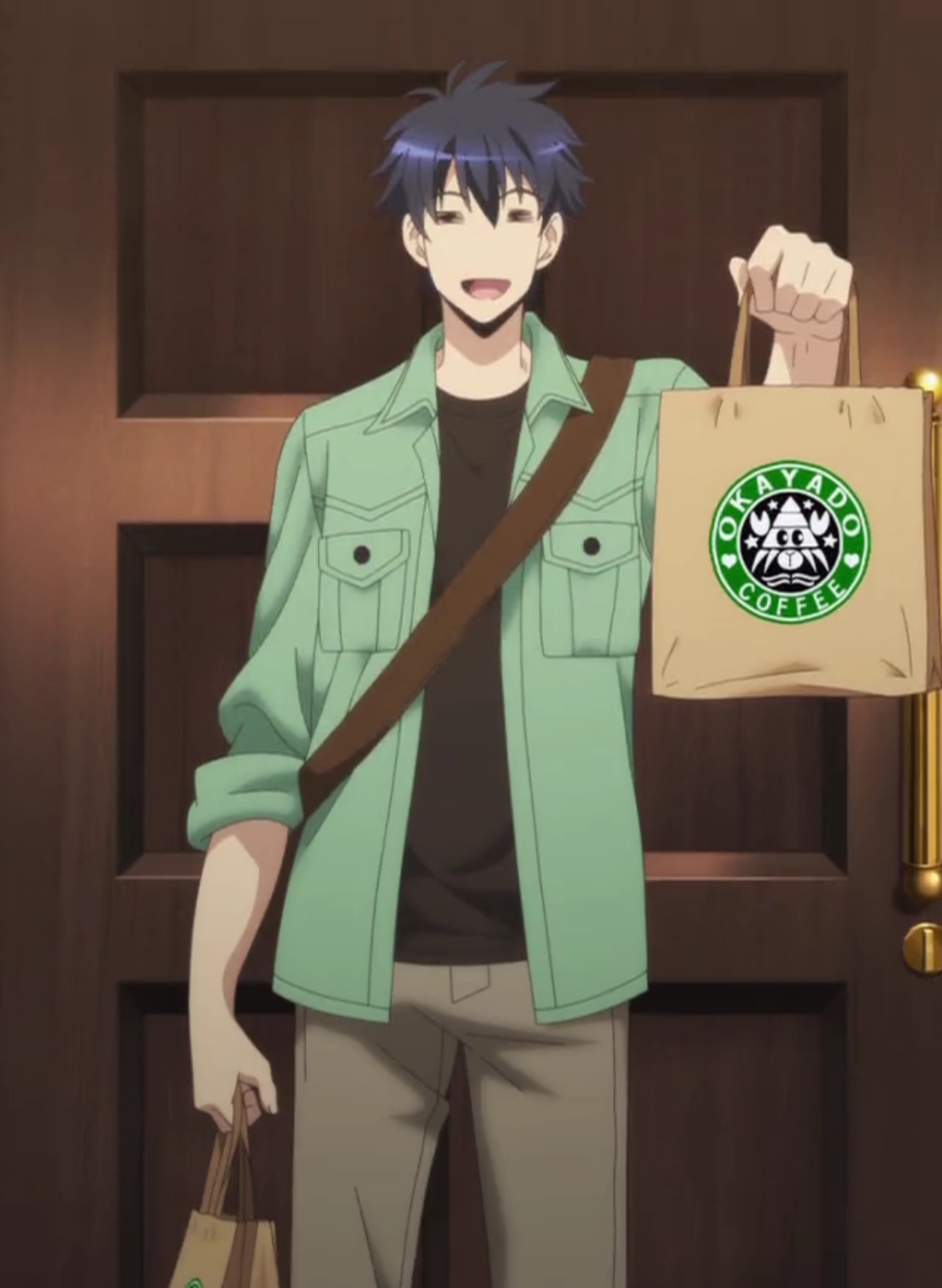 An anime-style character with blue hair wearing a green jacket and holding a coffee cup