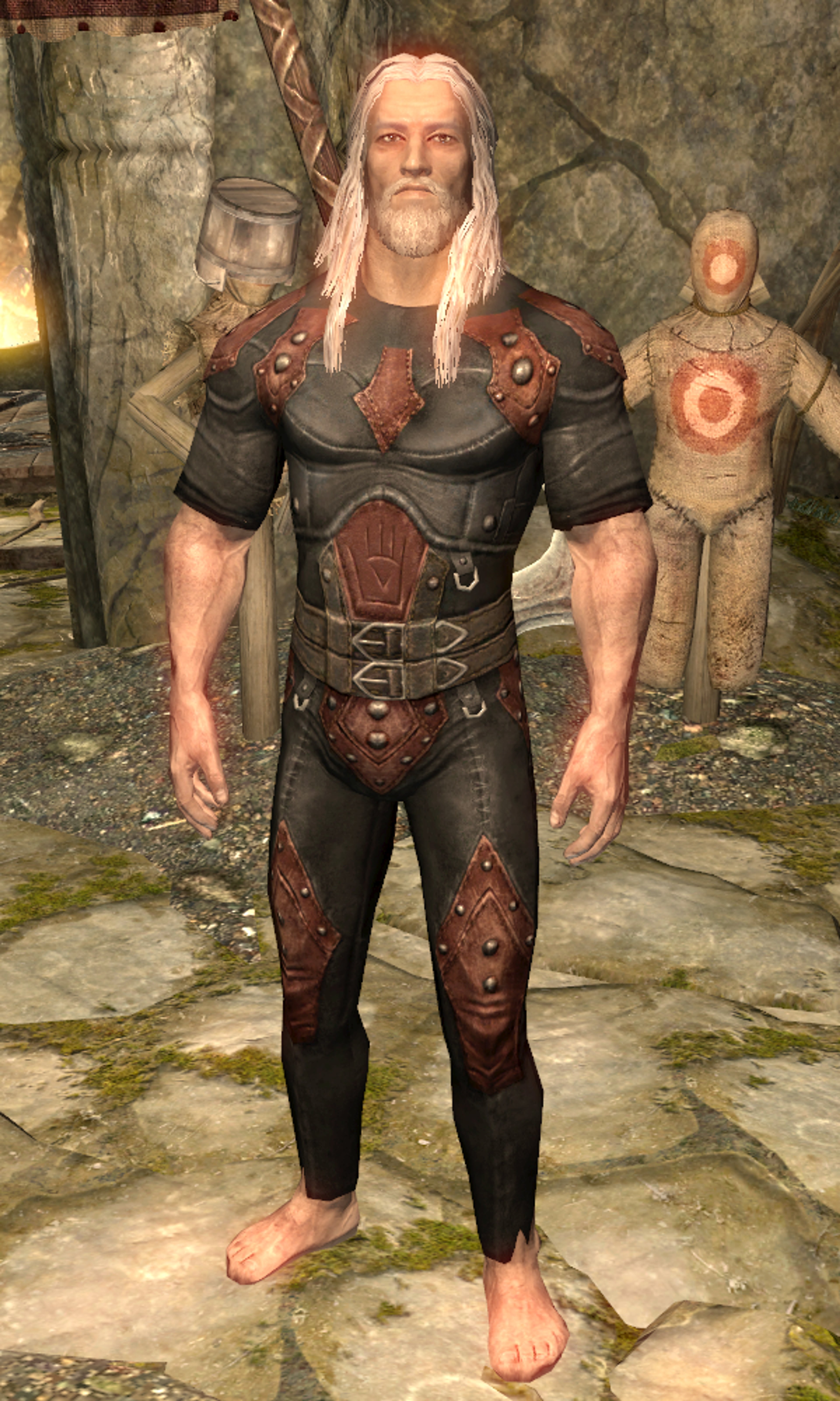 A heavily armored Nord man with a stern, intense expression