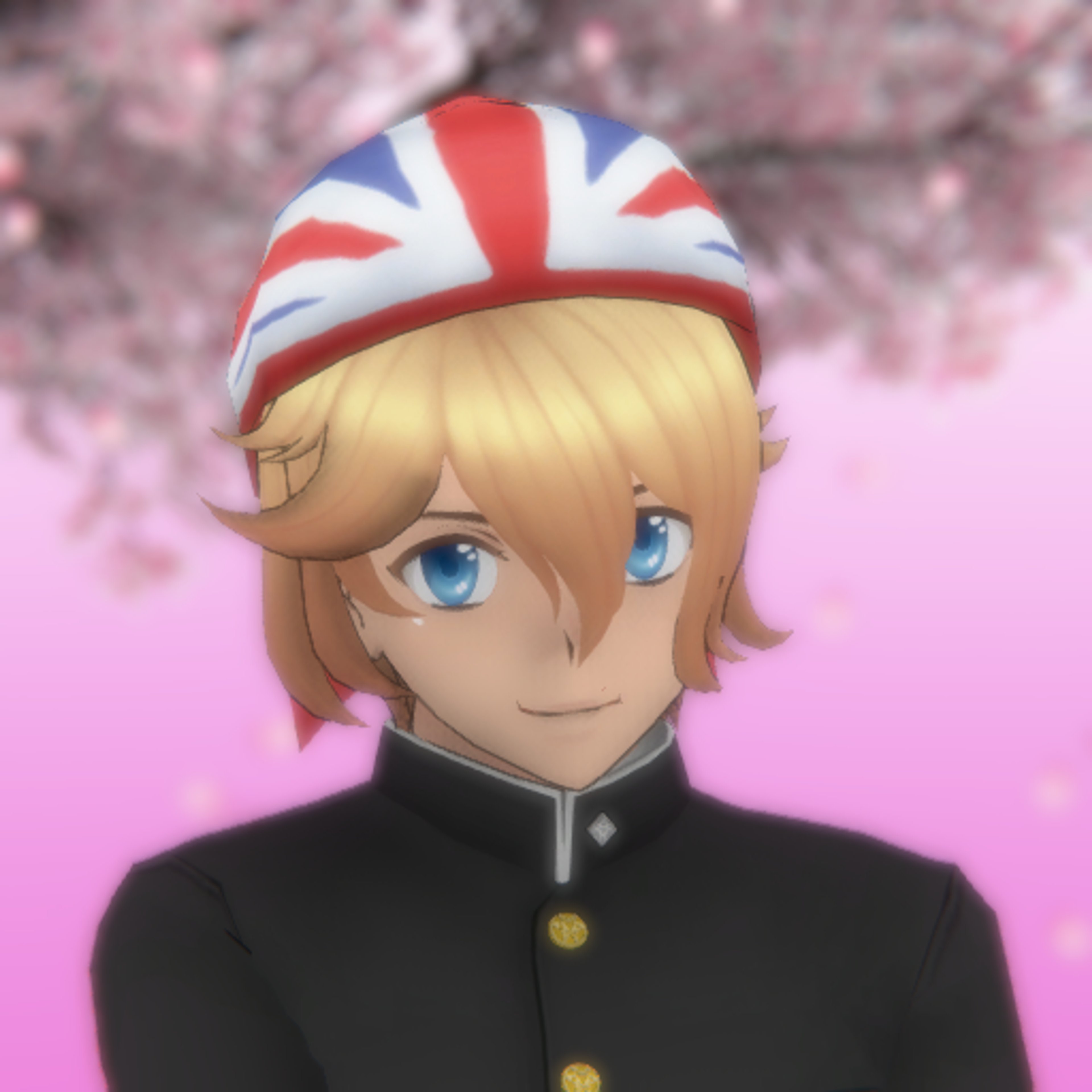 A young, blonde-haired, blue-eyed male character wearing a Union Jack-patterned beanie and a black school uniform, with an enthusiastic expression.