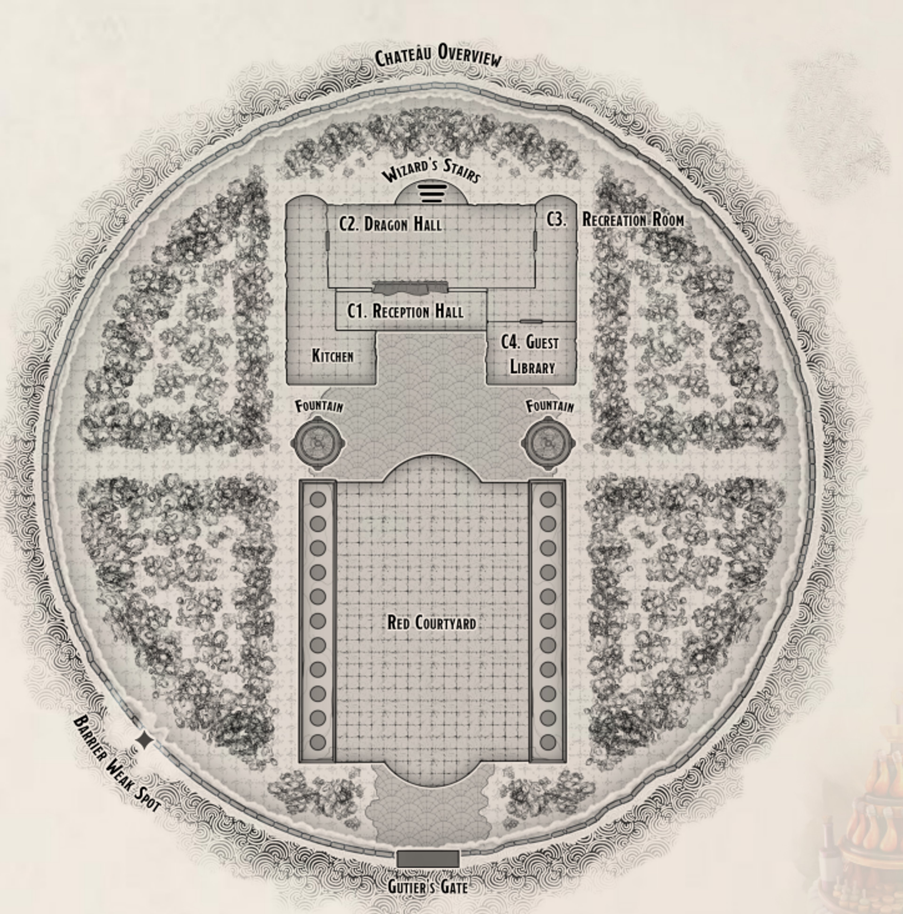 A detailed map or layout of a fantasy castle or manor