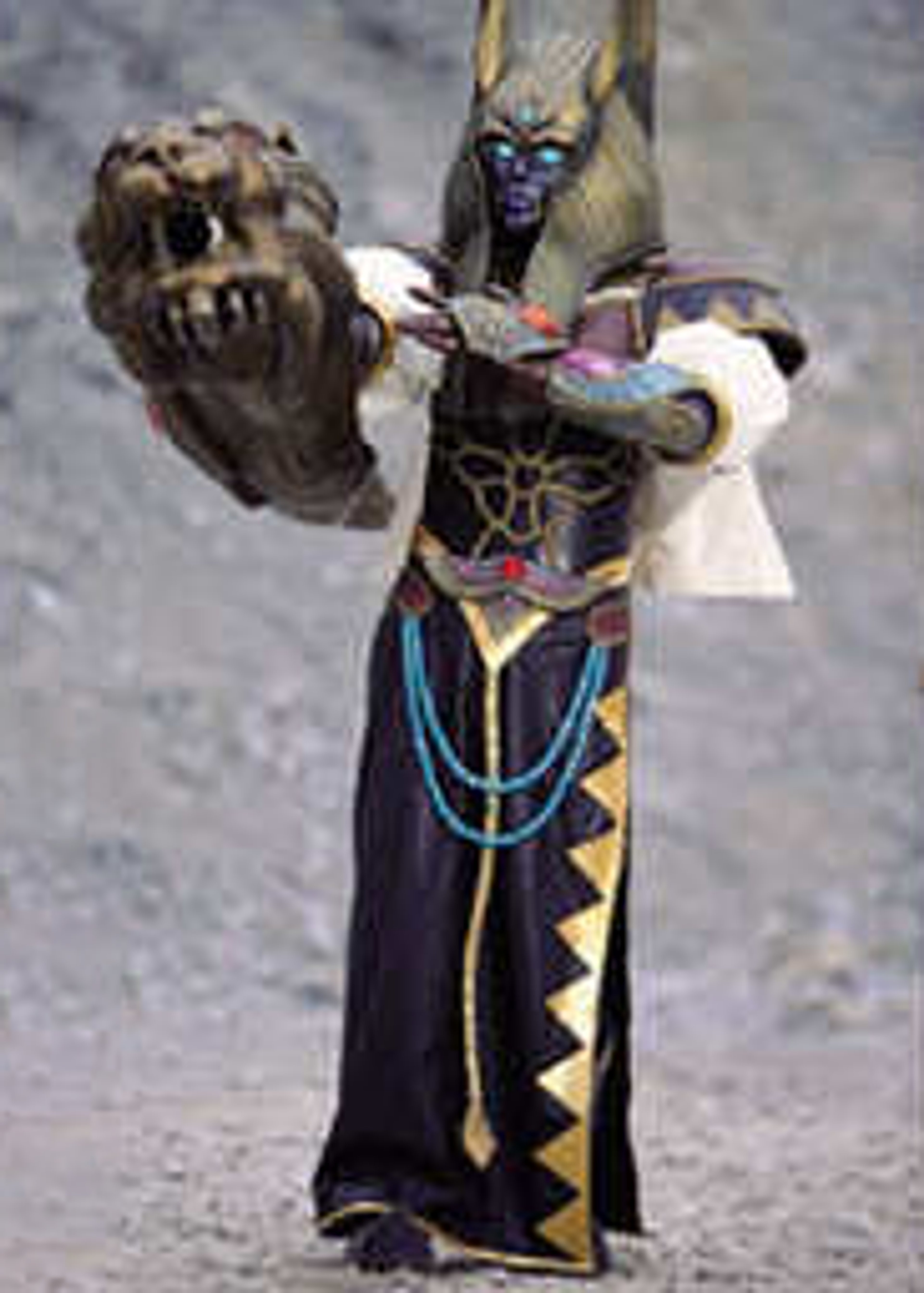 A powerful, sphinx-like female character with blue skin, sharp teeth, and a muscular build, wearing ornate robes and making a threatening gesture.