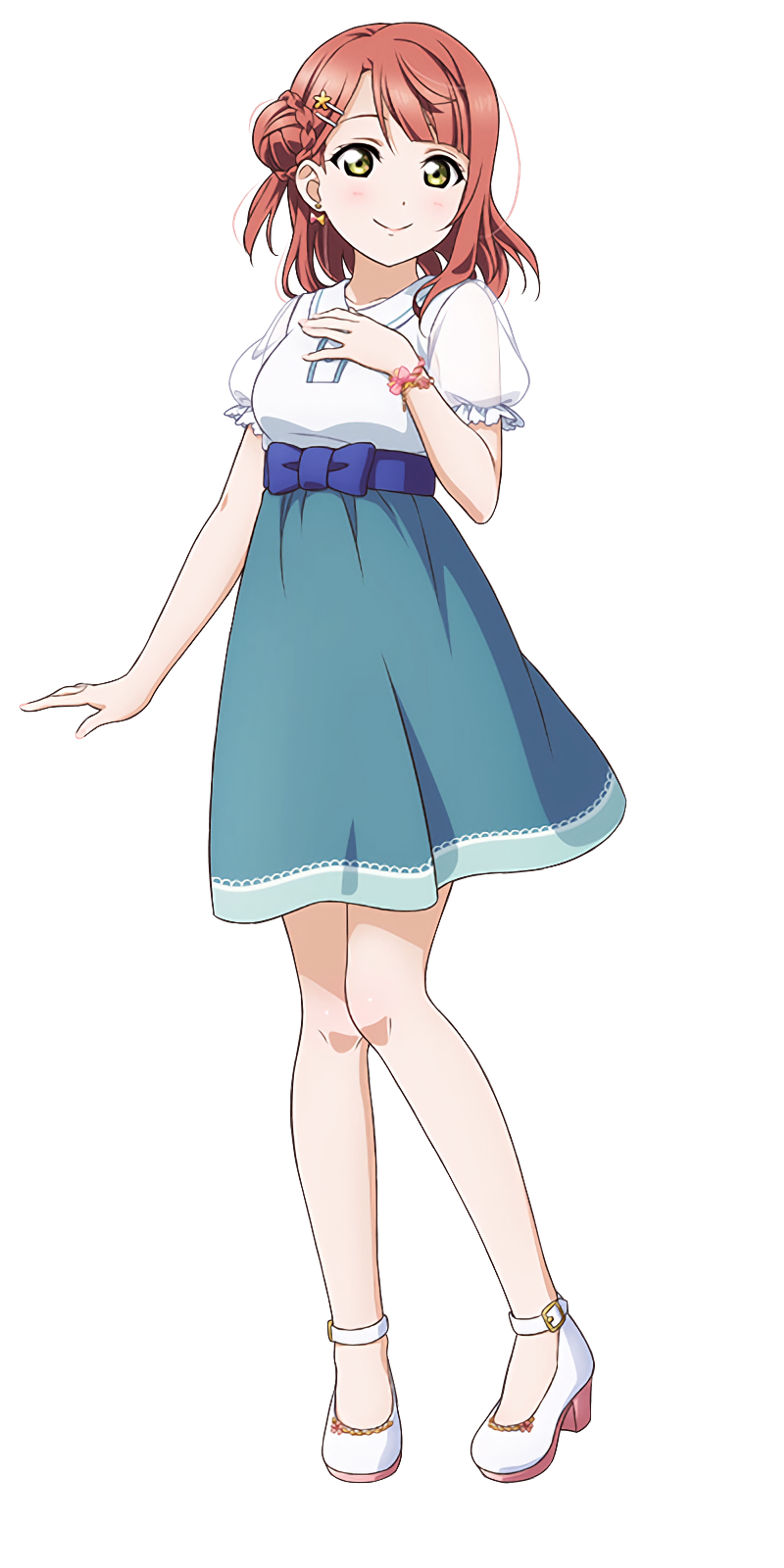 An anime-style character with pink twin-tailed hair wearing a white blouse and blue skirt, with a cheerful expression.