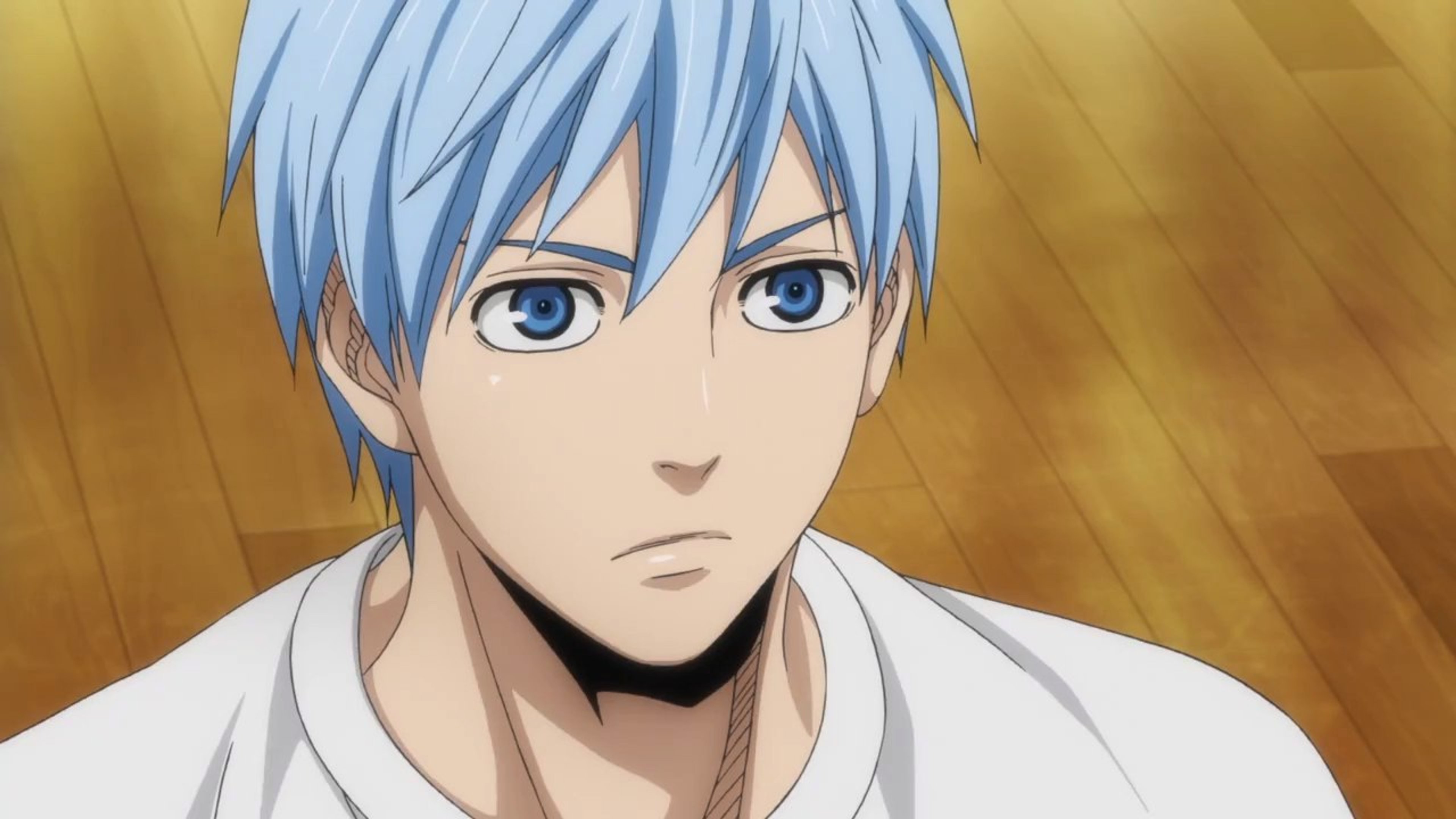 A young male anime character with light blue hair and a serious expression, wearing a white shirt.