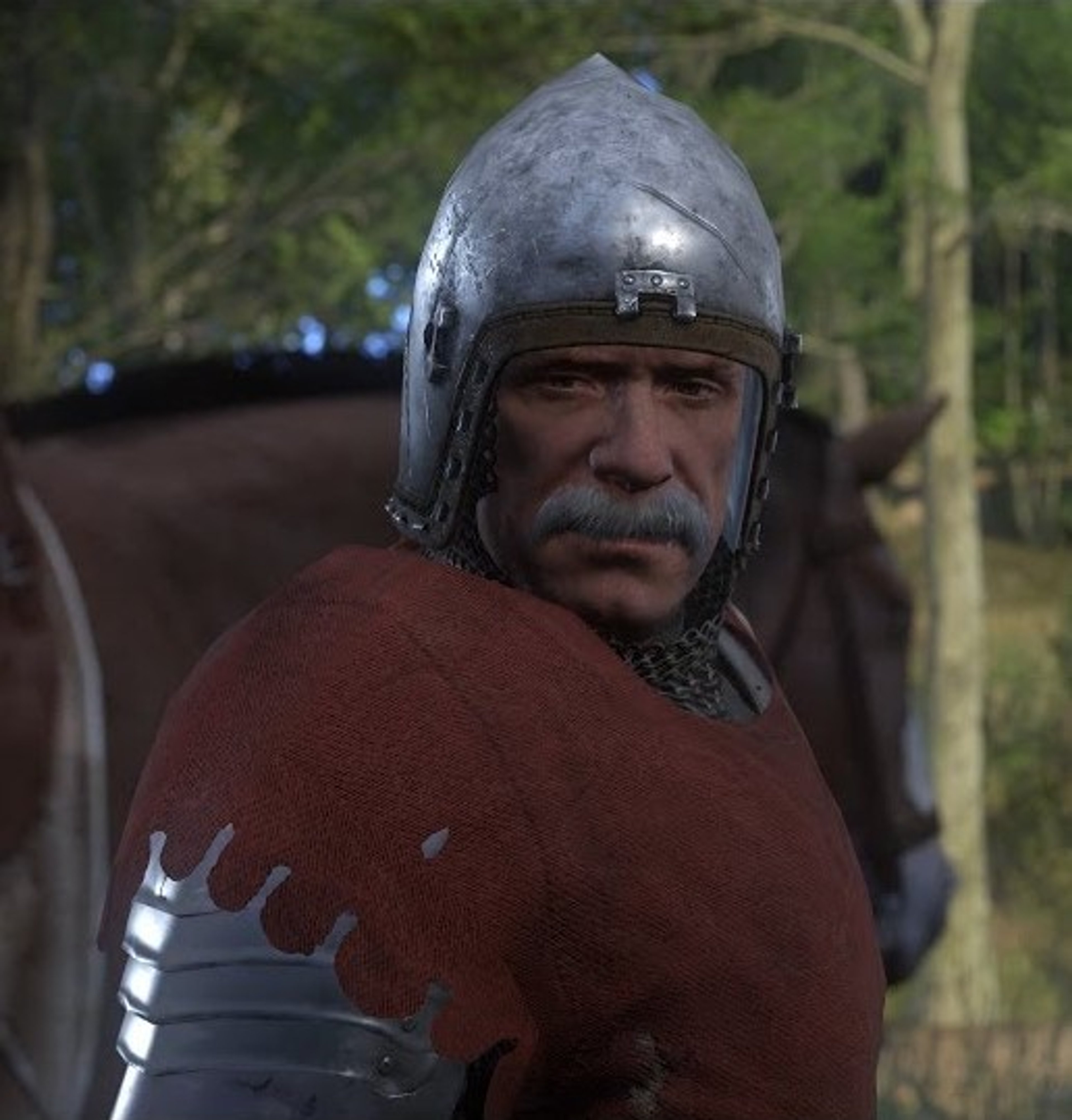 A medieval knight or soldier in armor standing in a forest
