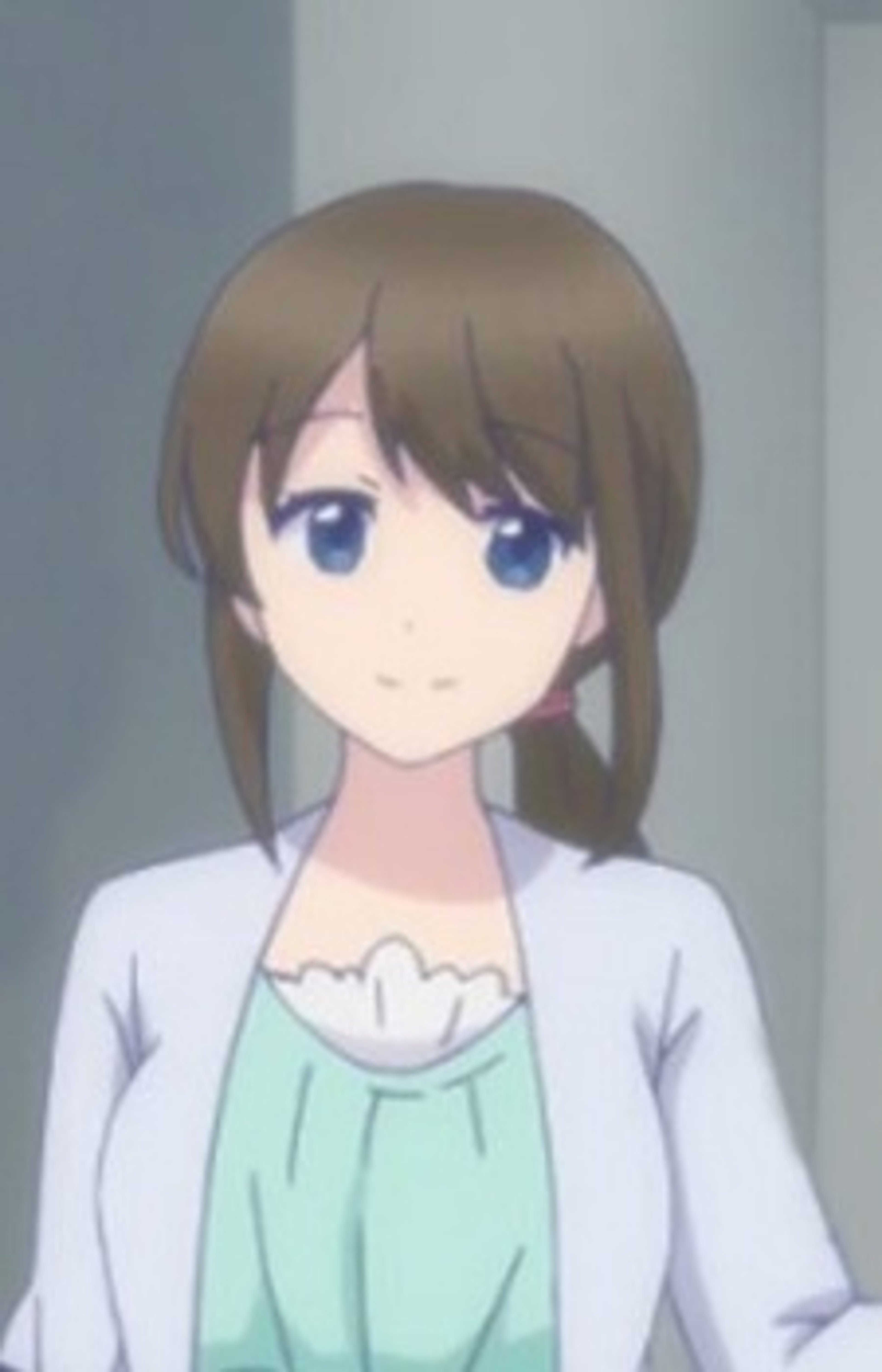 An anime-style character with brown hair and blue eyes, wearing a light-colored shirt or blouse.