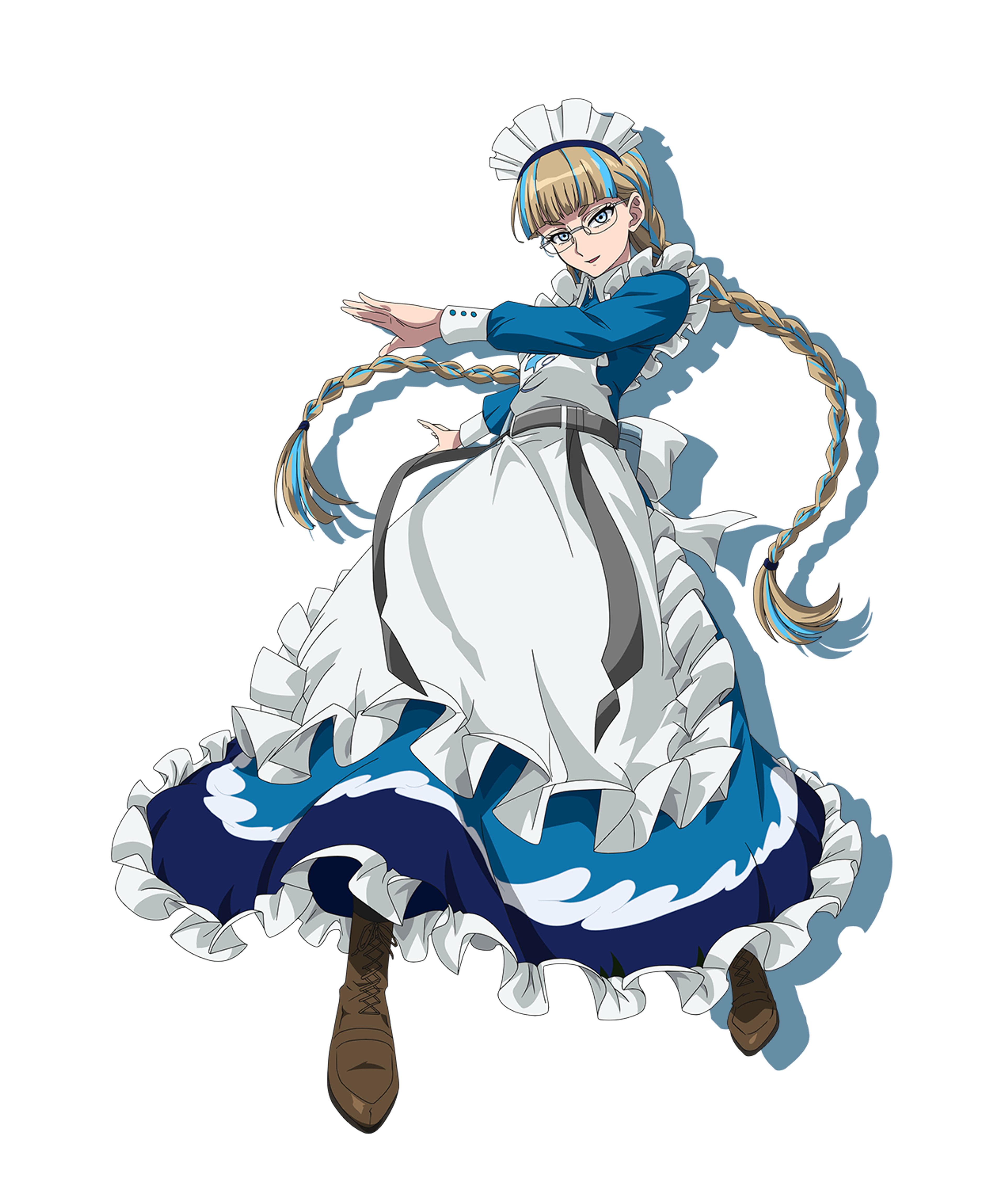 An anime-style character with blue twin tails wearing a maid-like outfit