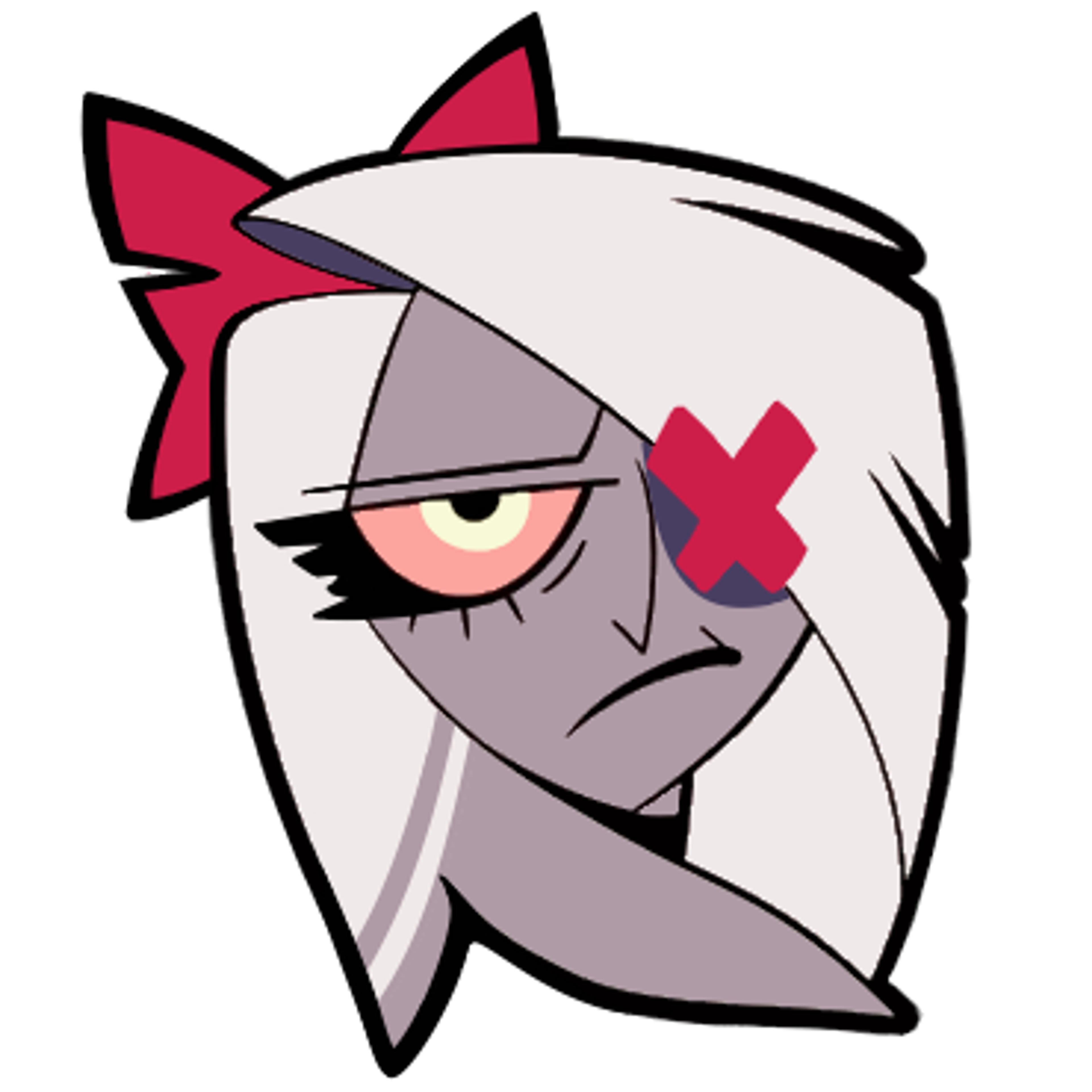 An animated character with a white face, red horns, and a red bow, with a single eye and an X over it.