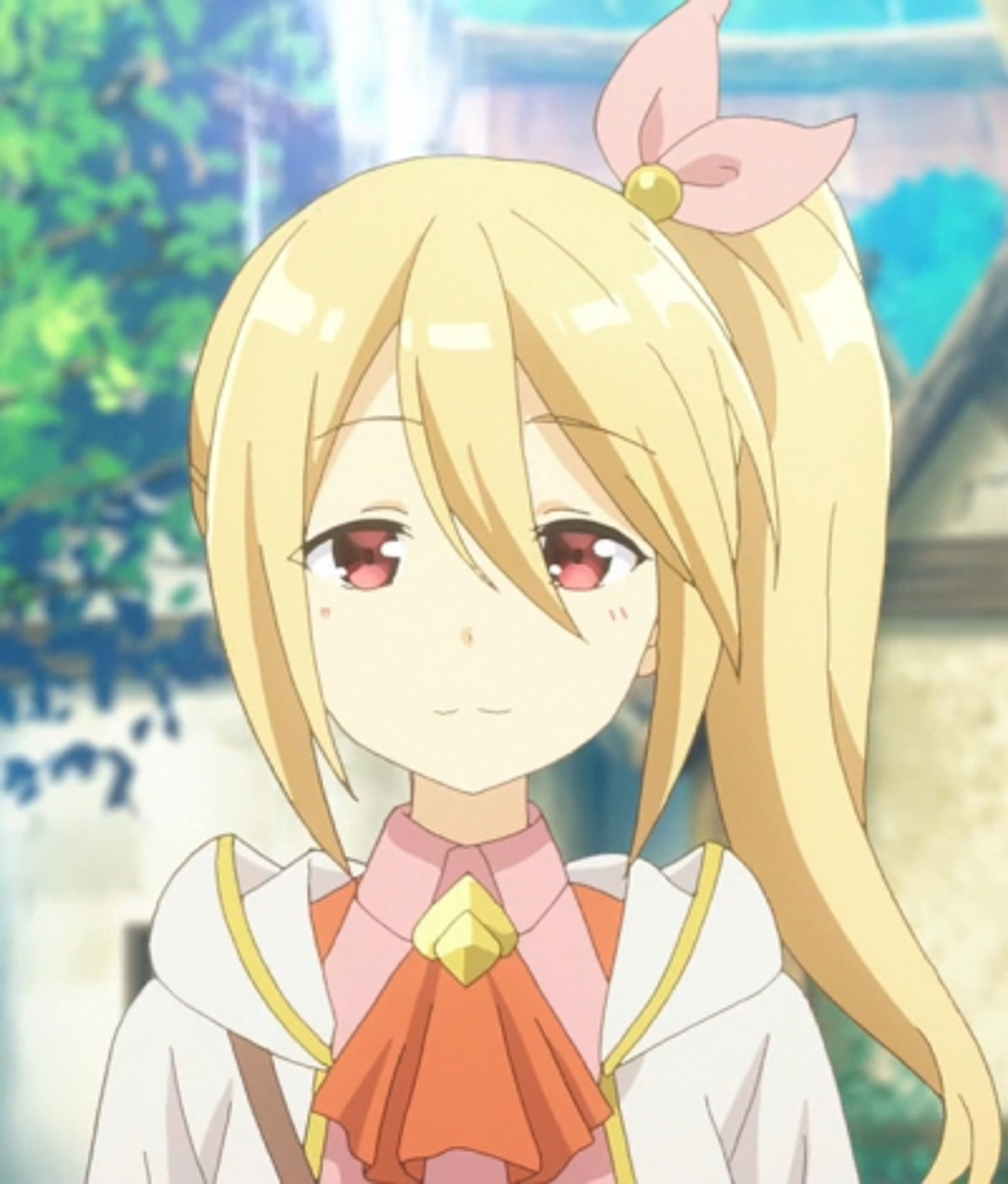 An anime-style character with blonde hair in a ponytail, red eyes, and a small build wearing a pink and white outfit with a bow on the chest.