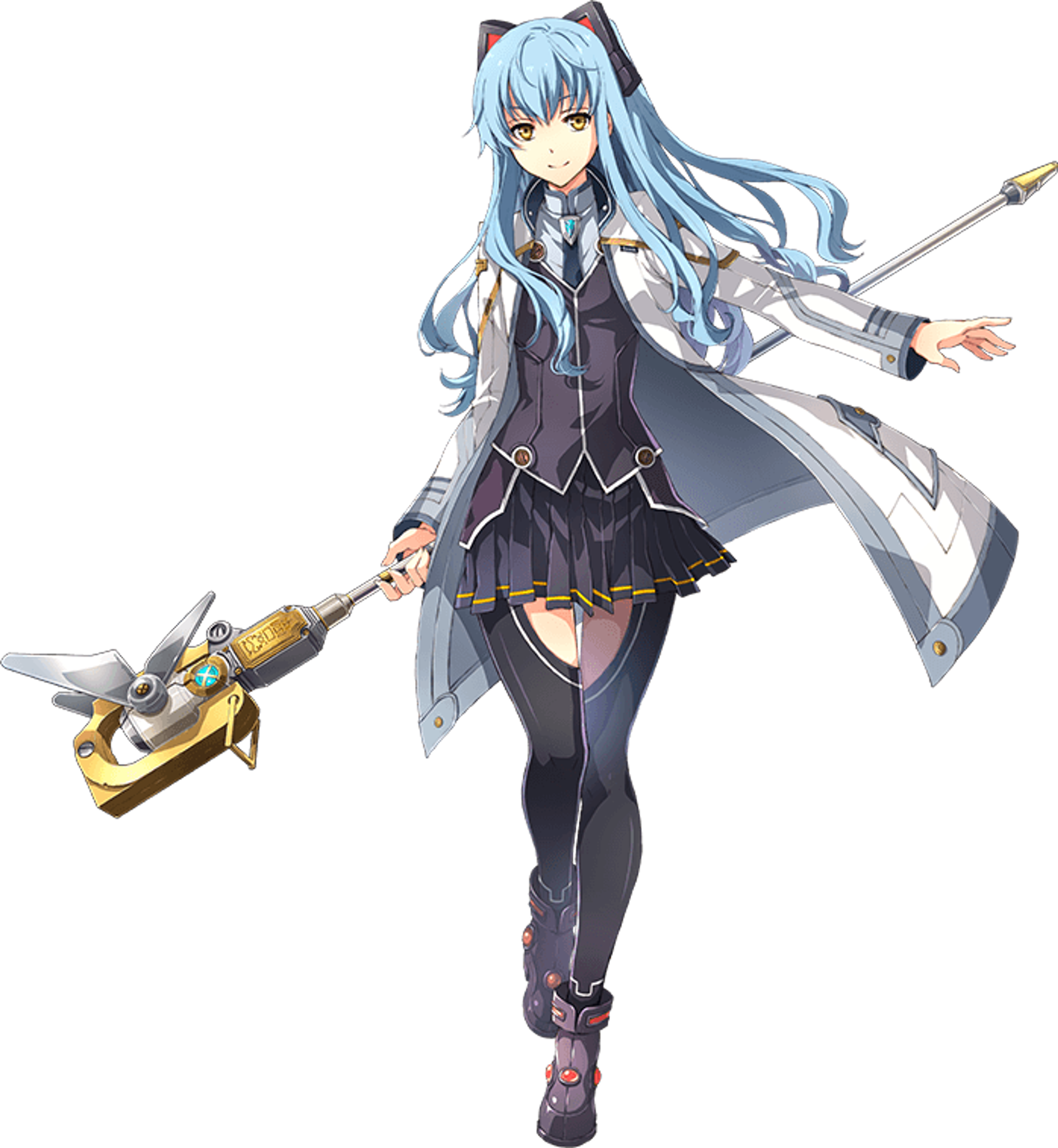 A young woman with blue hair and amber eyes holding a staff-like weapon