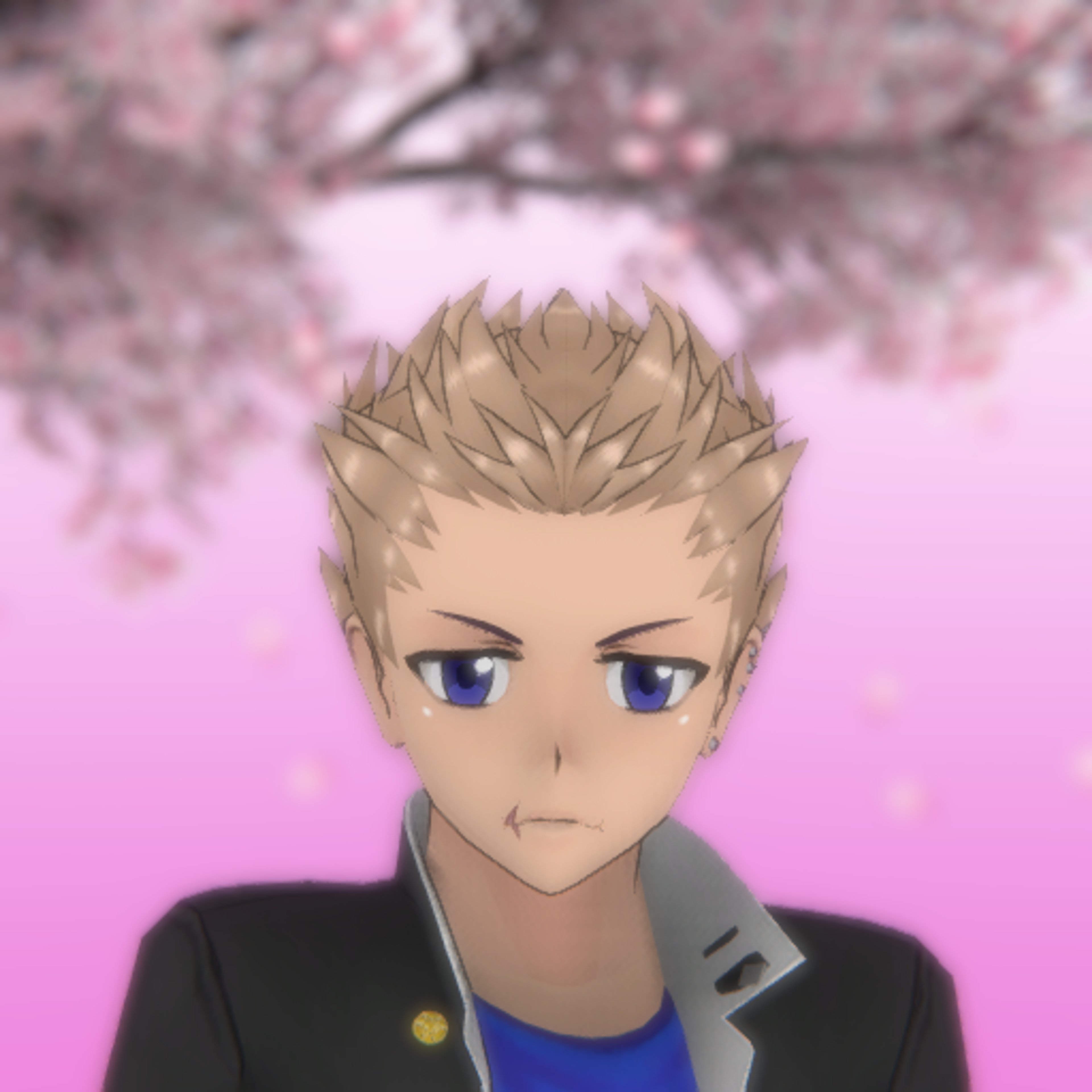 An anime-style character with spiked blonde hair, dark blue eyes, and a small scar near his mouth, wearing a school uniform with an open jacket and carrying a shinai.