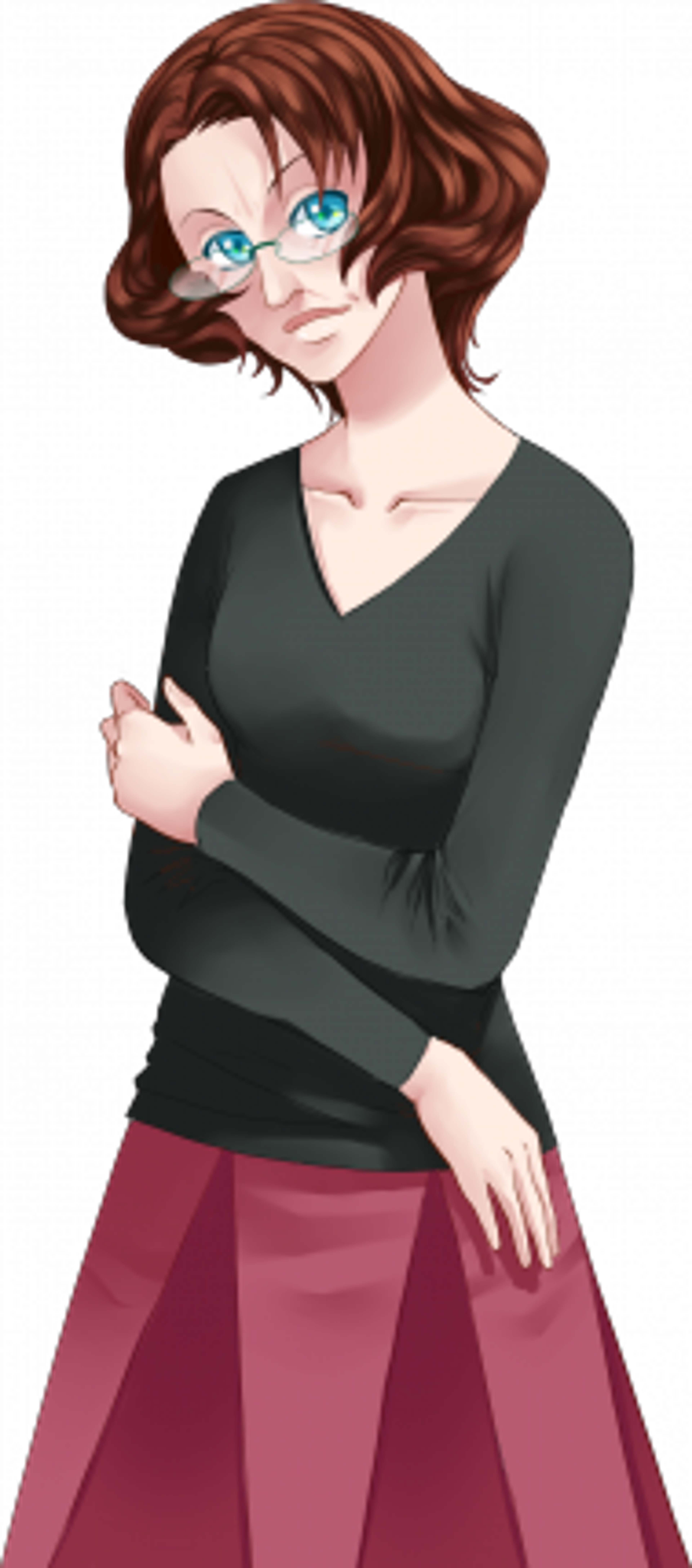 A woman with long brown hair and blue eyes wearing a green top