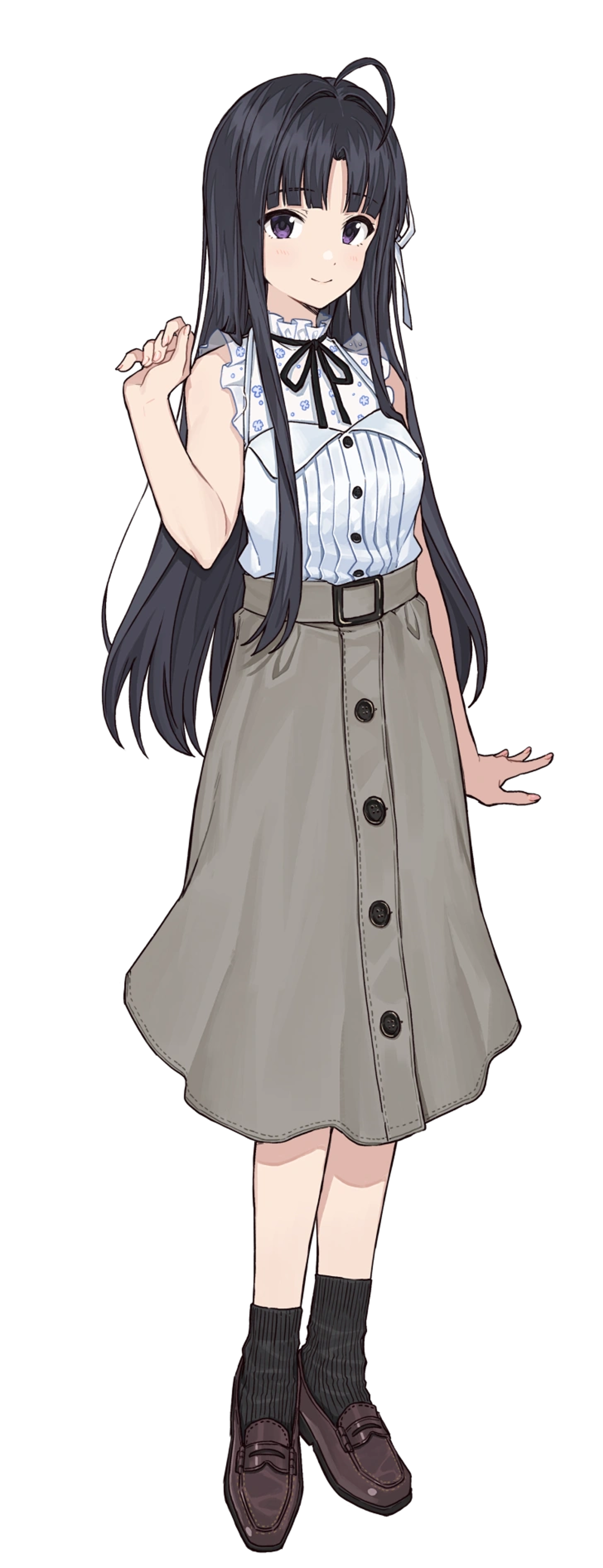 A young woman with long black hair wearing a white blouse and gray skirt, looking confident and charming.