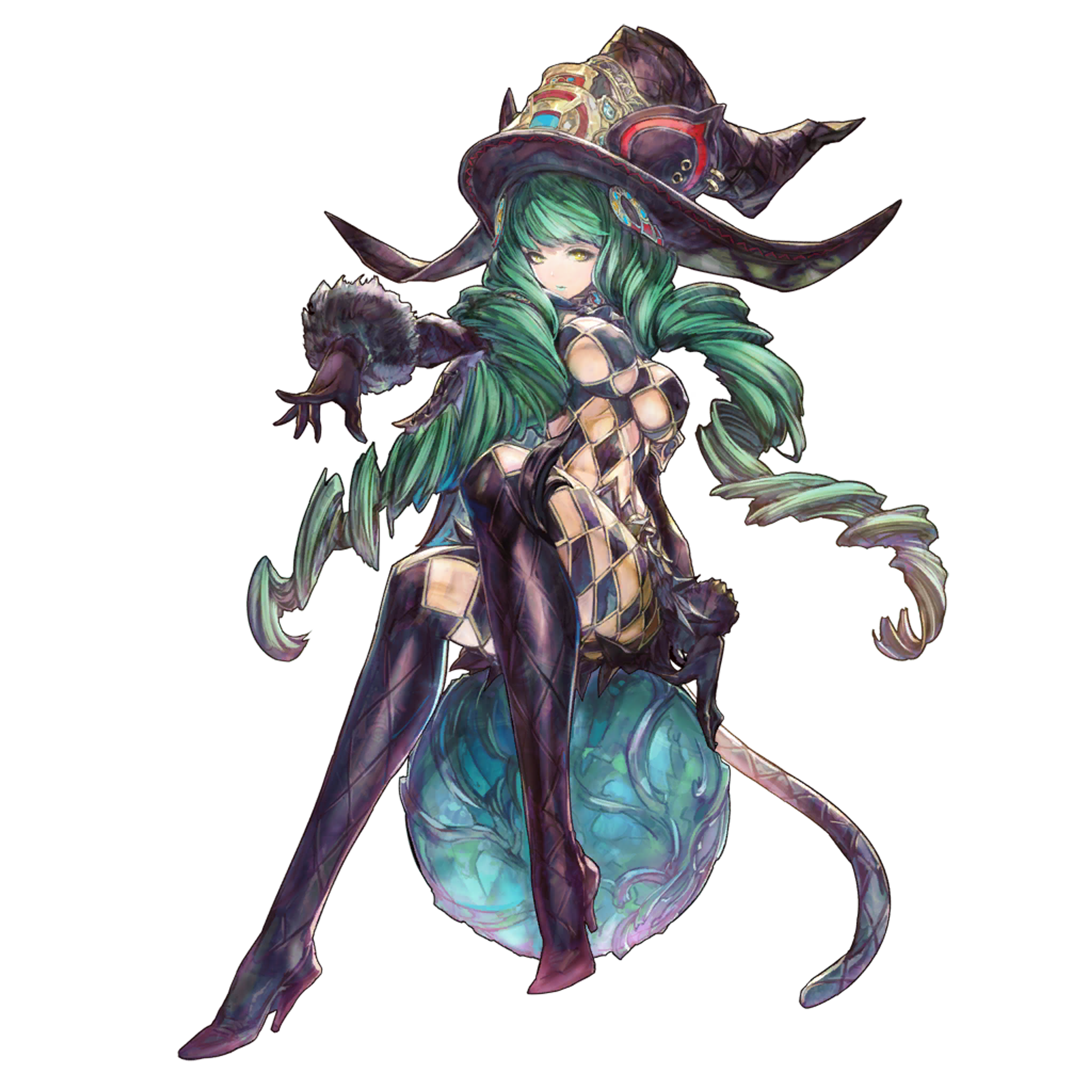 A female fantasy character with green hair in a dynamic pose