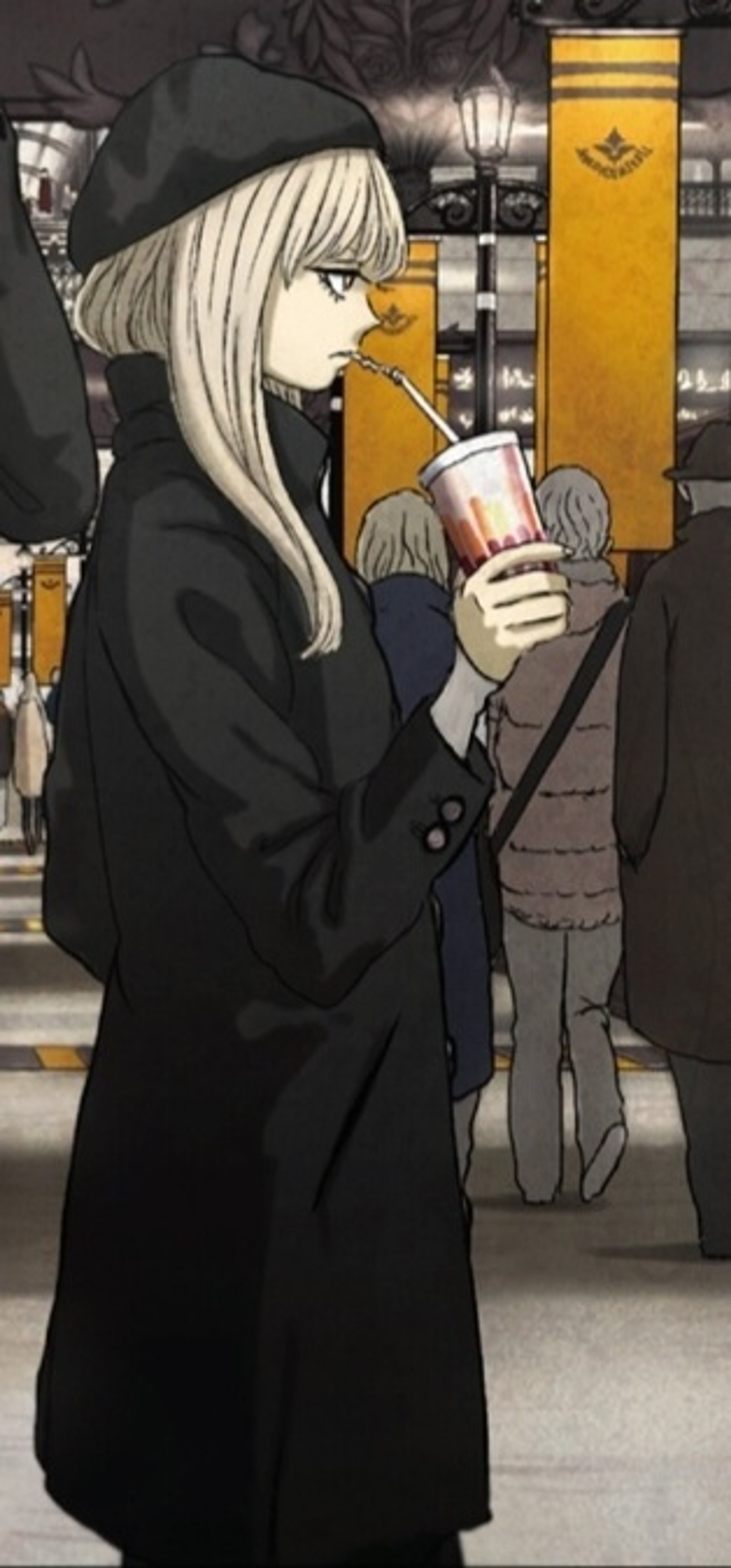An anime-style character with long blonde hair wearing a black coat and holding a drink