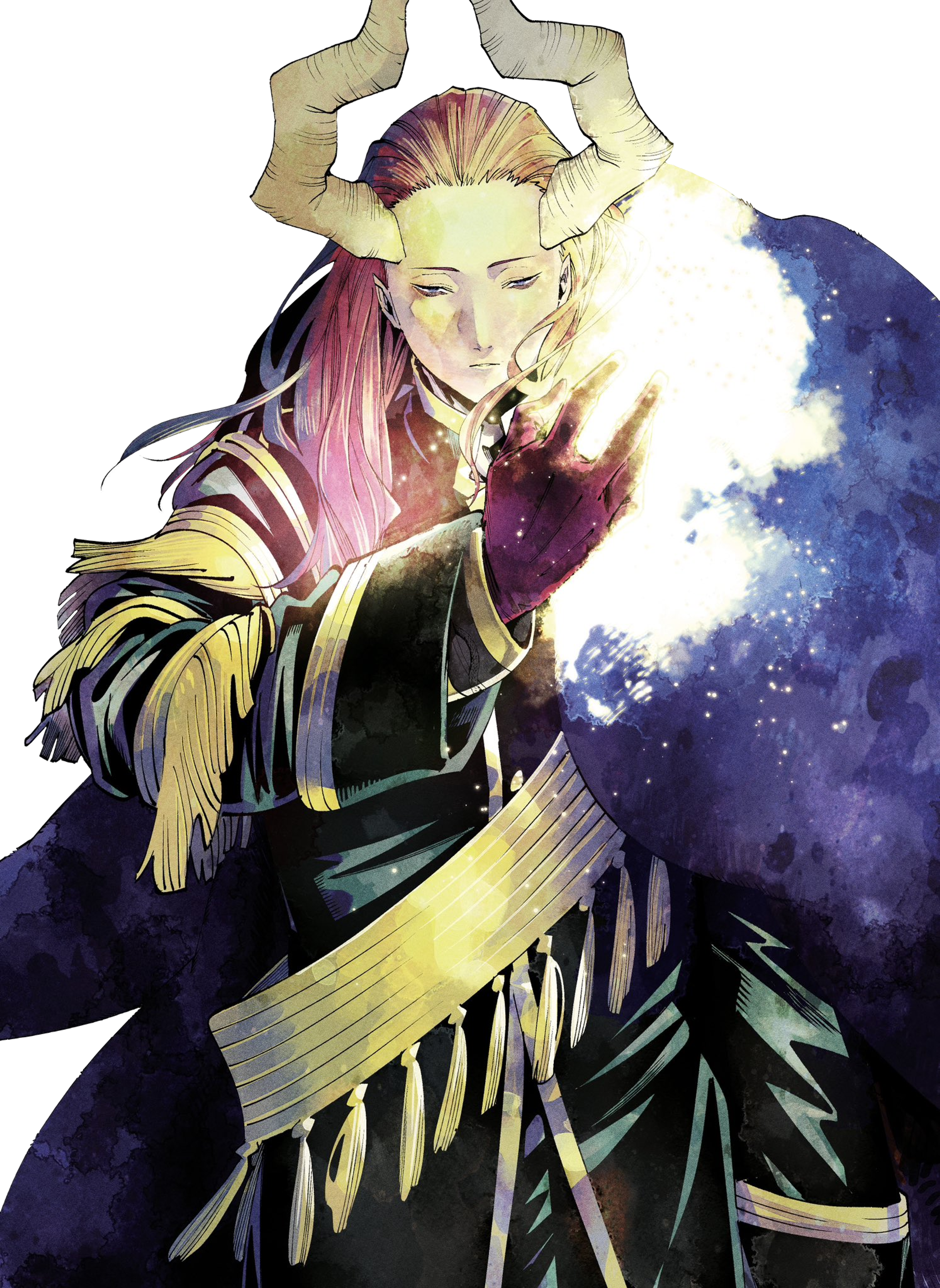 A powerful, pink-haired demon character in an ornate, magical outfit