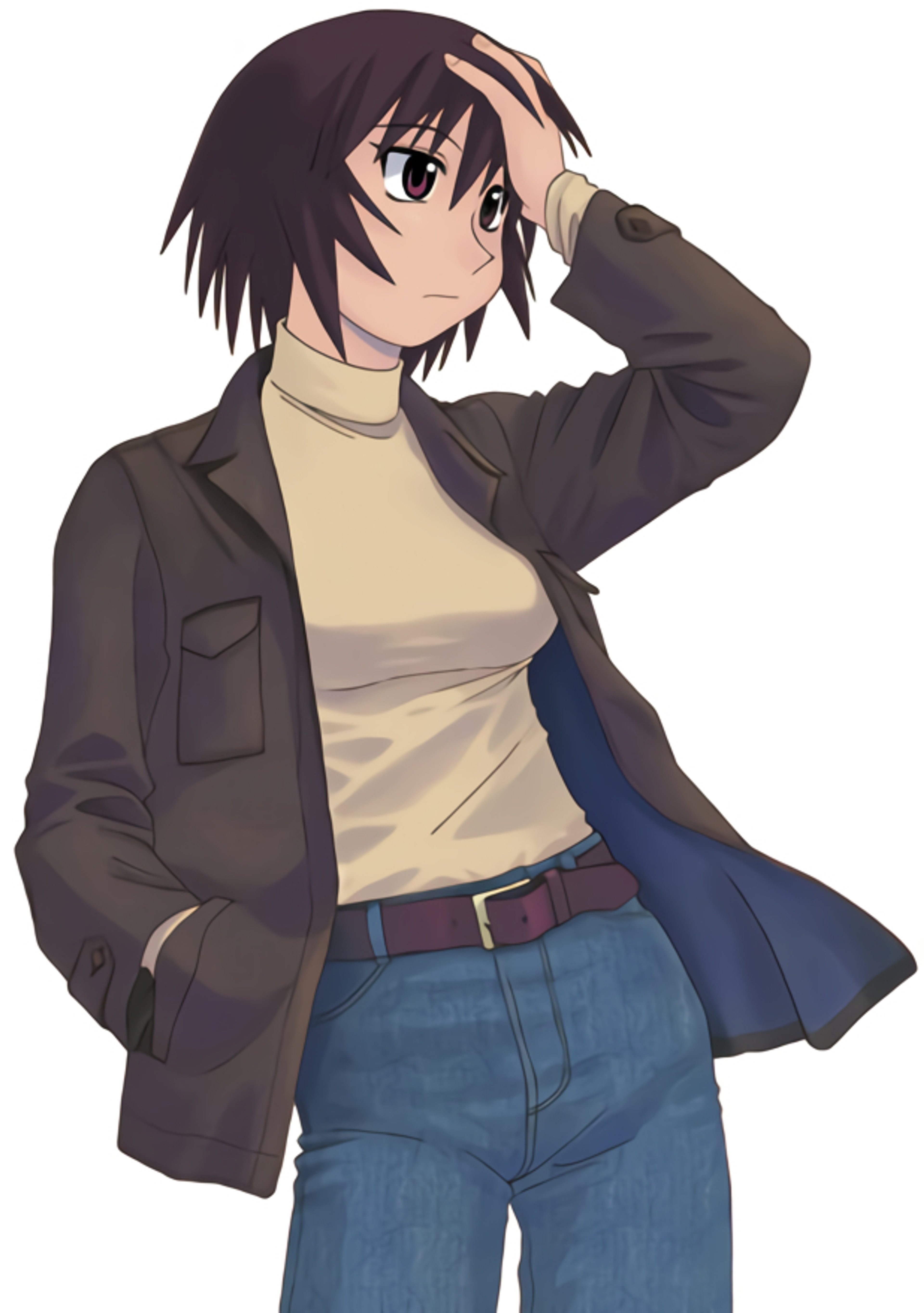 An anime-style character with short dark hair wearing a tan jacket and blue jeans.