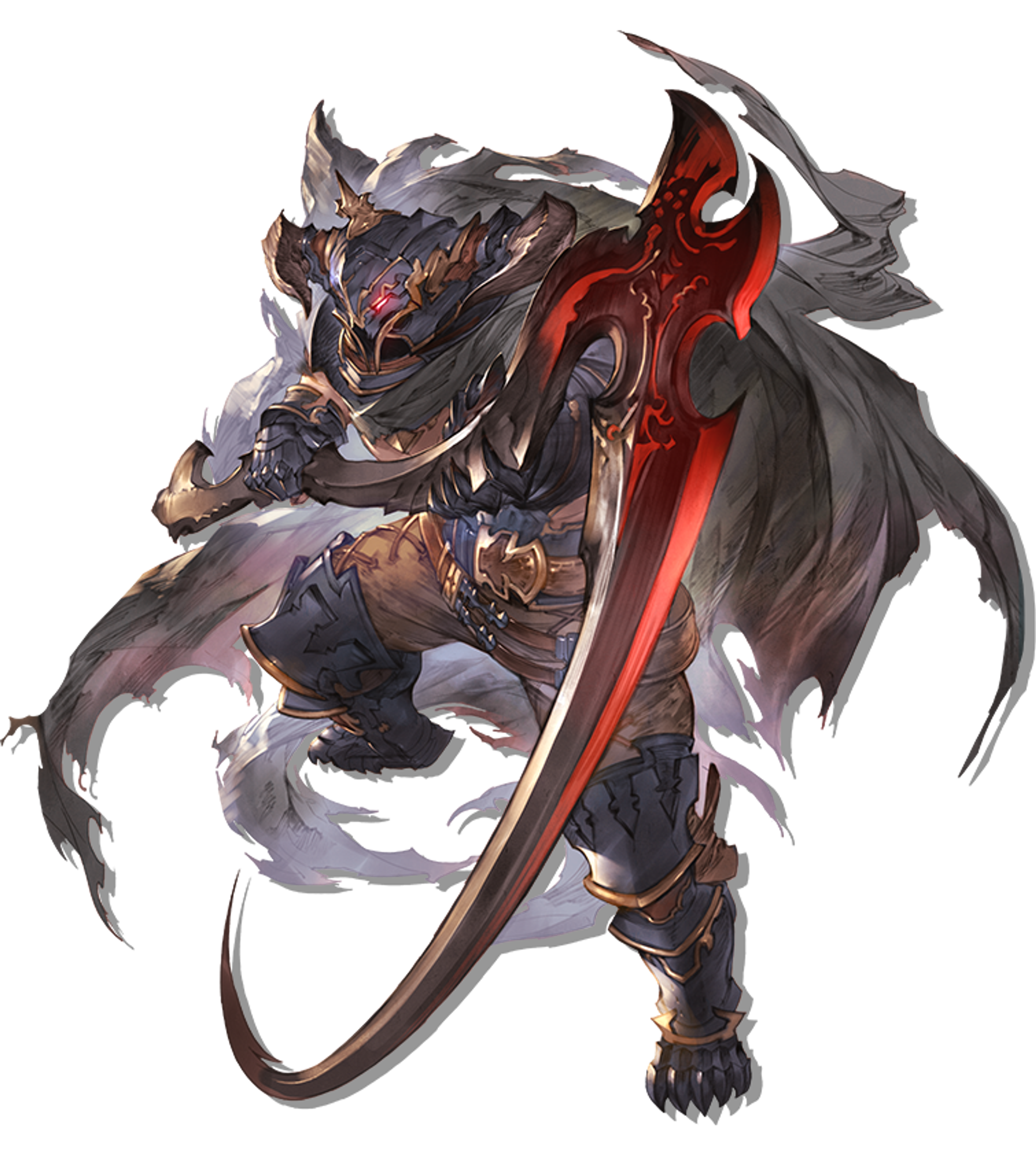 A powerful Draph warrior wielding a massive scythe-like weapon