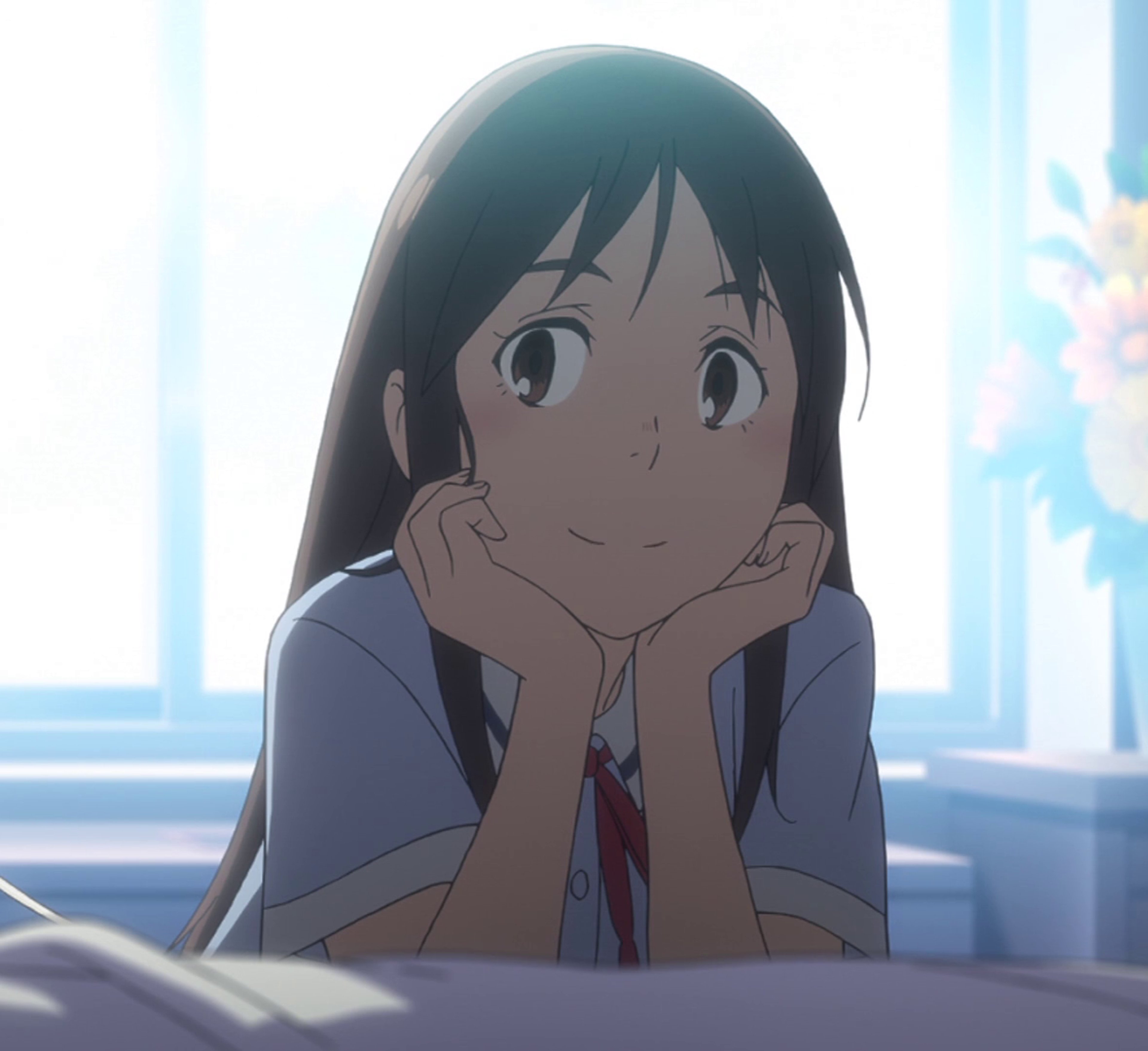 A young anime-style girl with dark hair and a thoughtful expression, wearing a school uniform.