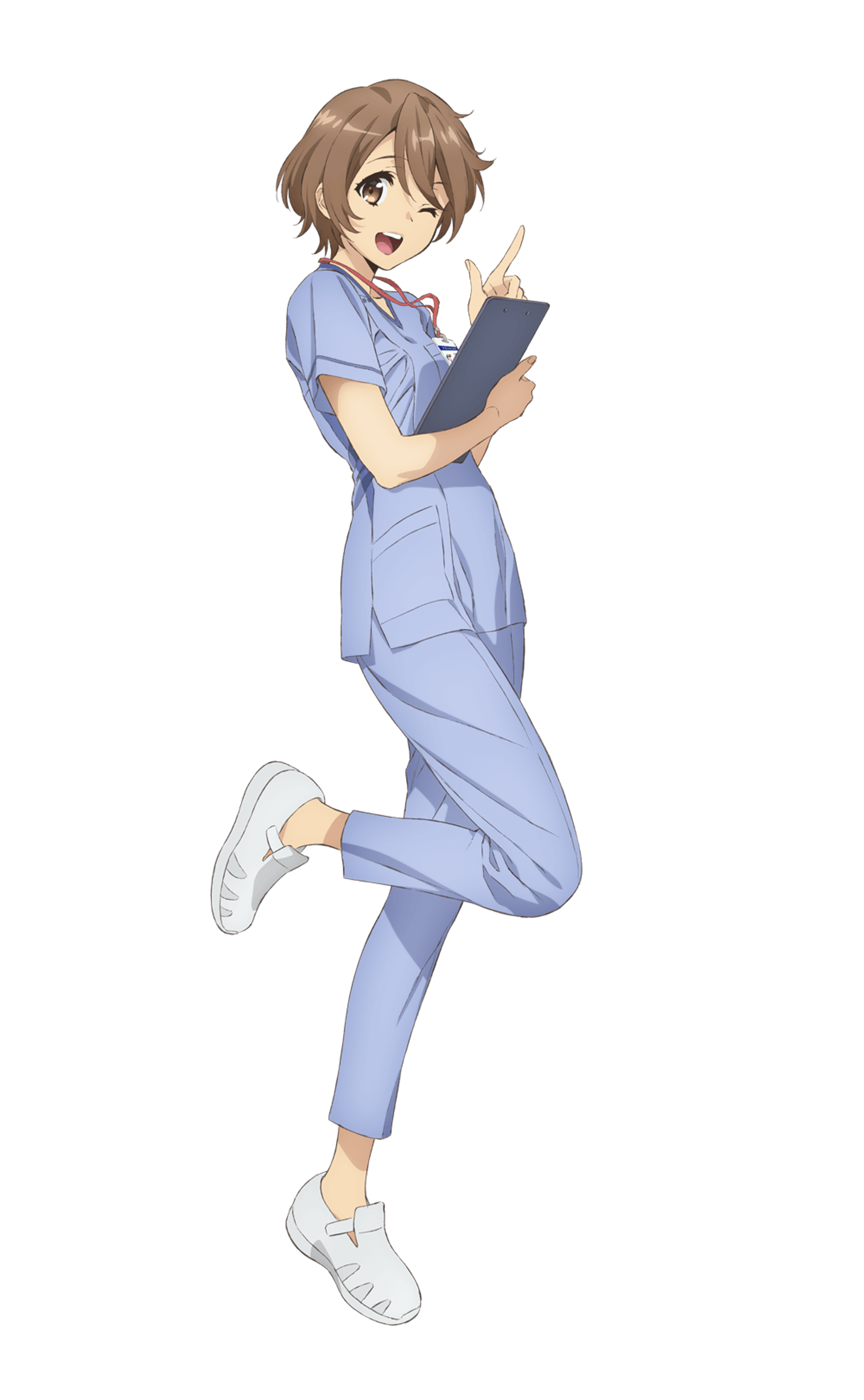 An anime-style medical intern character with short brown hair and a blue uniform