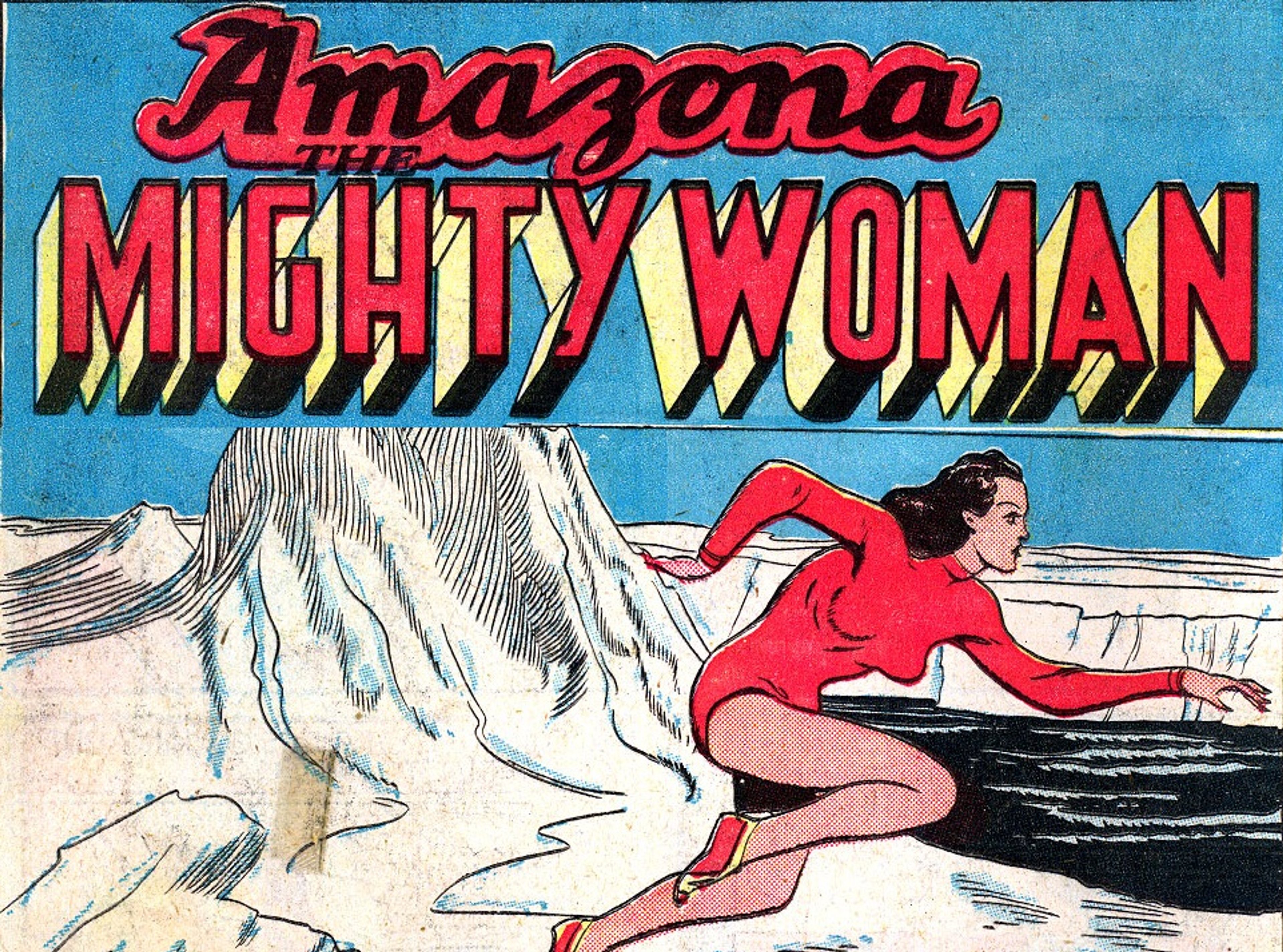 A female superhero character in a red and blue costume, with a muscular build, in a heroic pose against a snowy, mountainous backdrop.