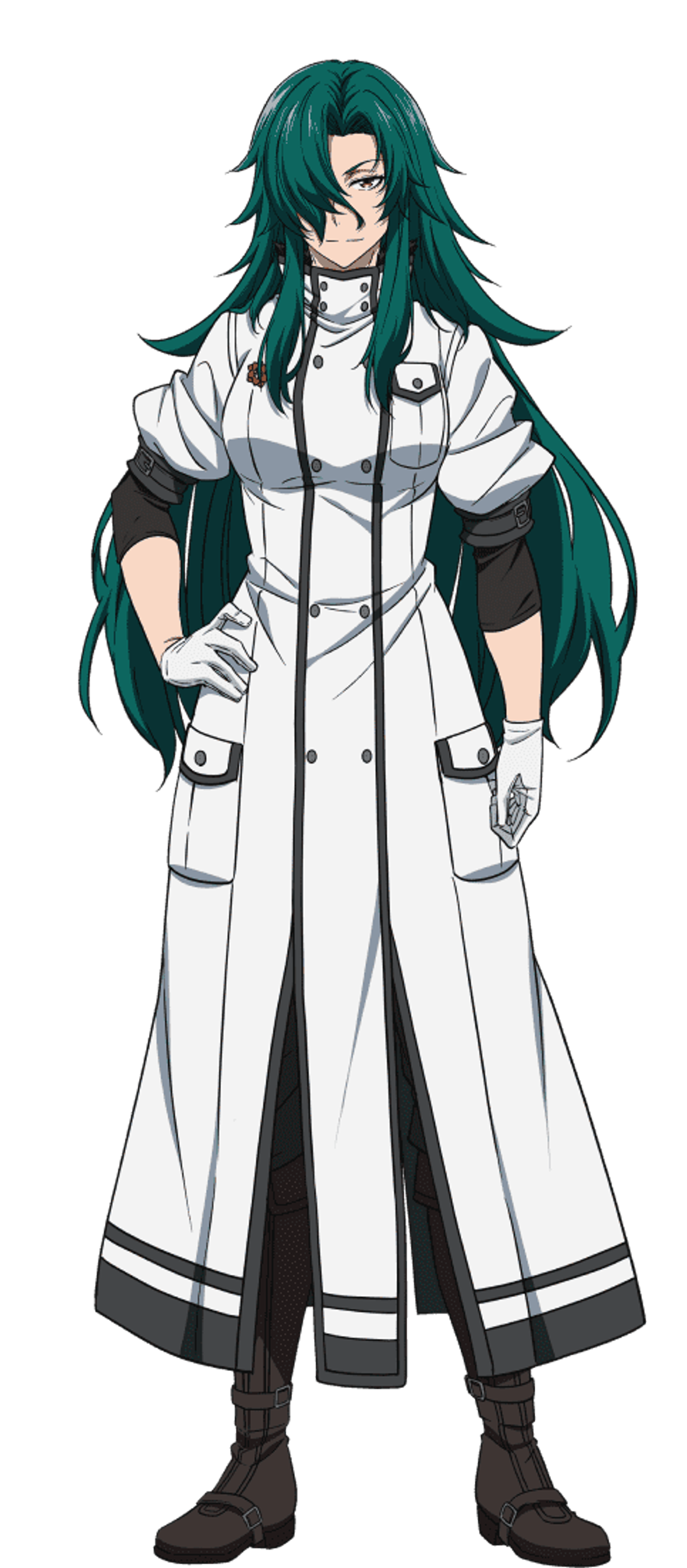 A woman with green hair and an eyepatch wearing a white military uniform