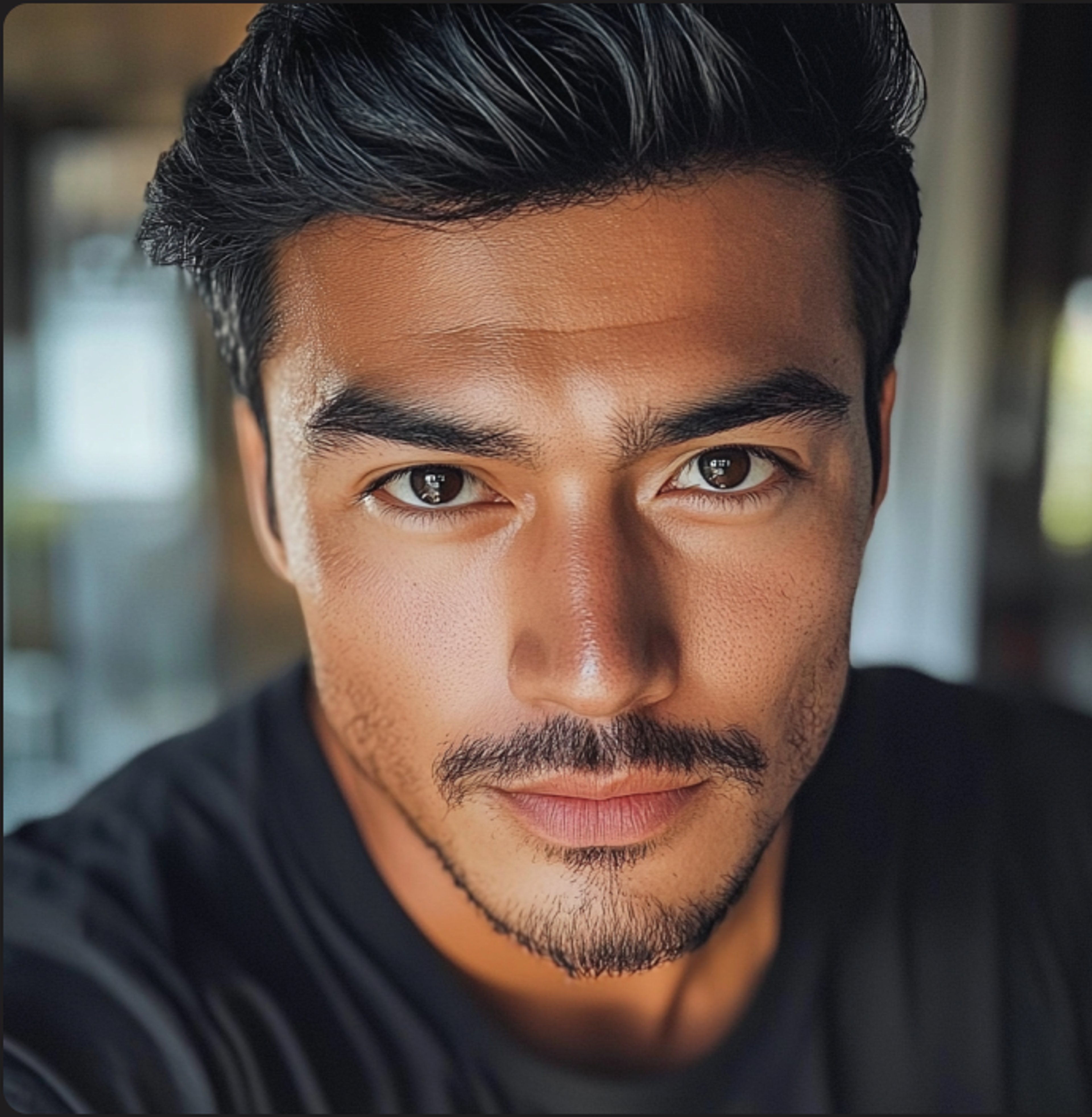 Portrait of a man with olive-brown skin, dark hair, and distinctive cardinal-colored eyes